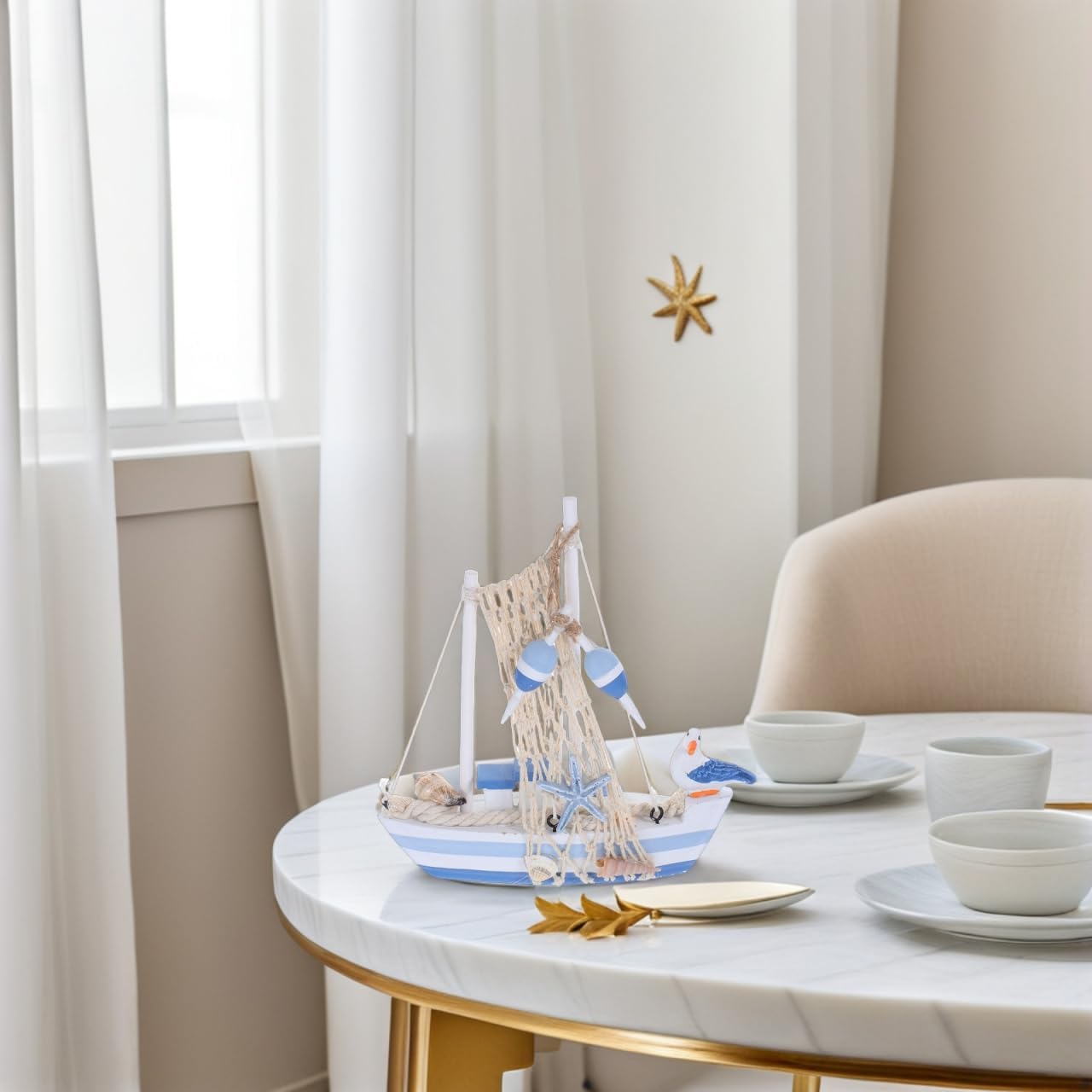 Vaguelly Mediterranean Sailboat Model with Seabird Design Wooden Miniature Nautical Decor 6.88 Inch Desktop Sailing Boat for Home Office and