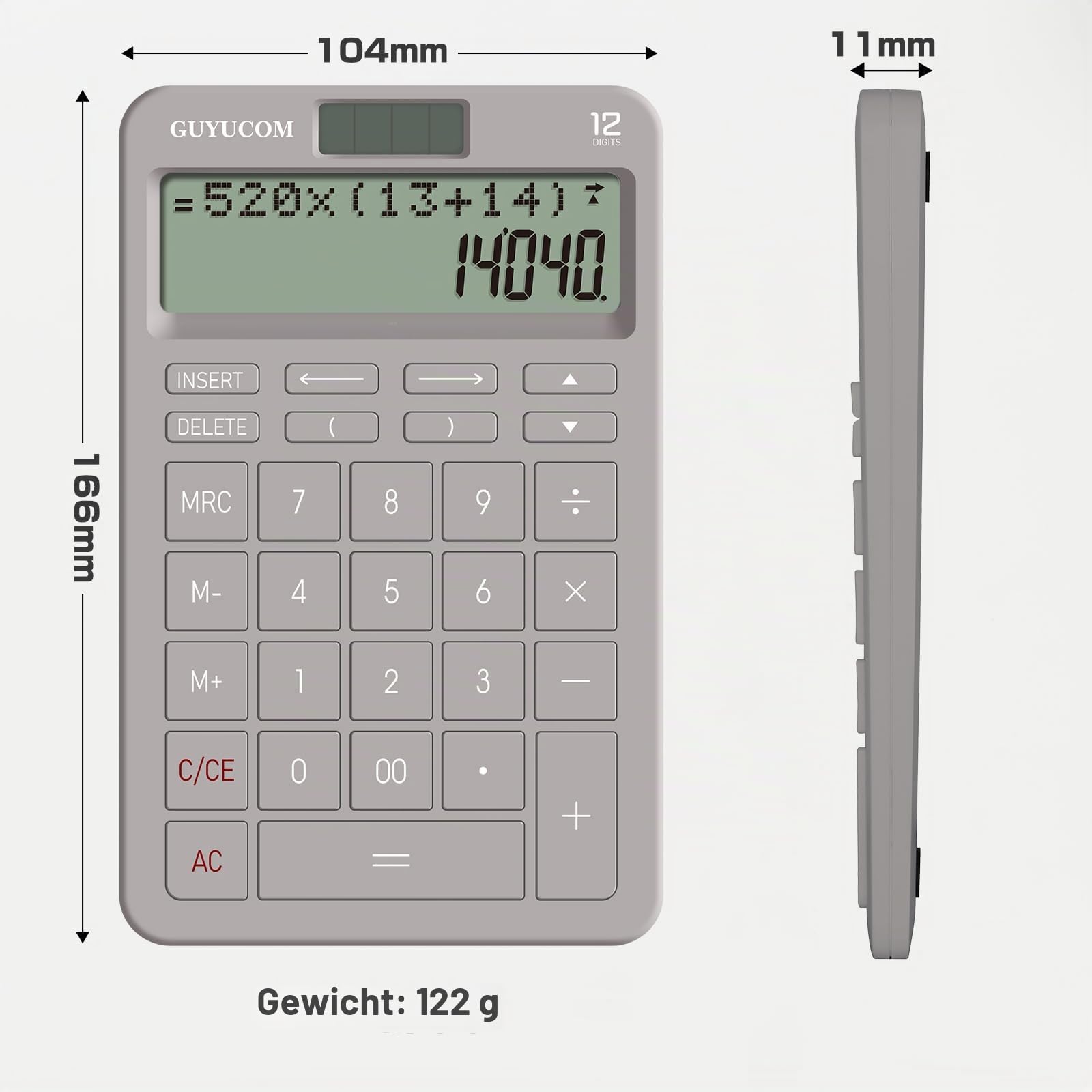 GUYUCOM Tischrechner mit verbesserter Verlaufsaufzeichnung und Track-Back-Funktion, 2-zeiliges großes klares LCD-Display, 12-stellig, große empfindliche Taste, grau