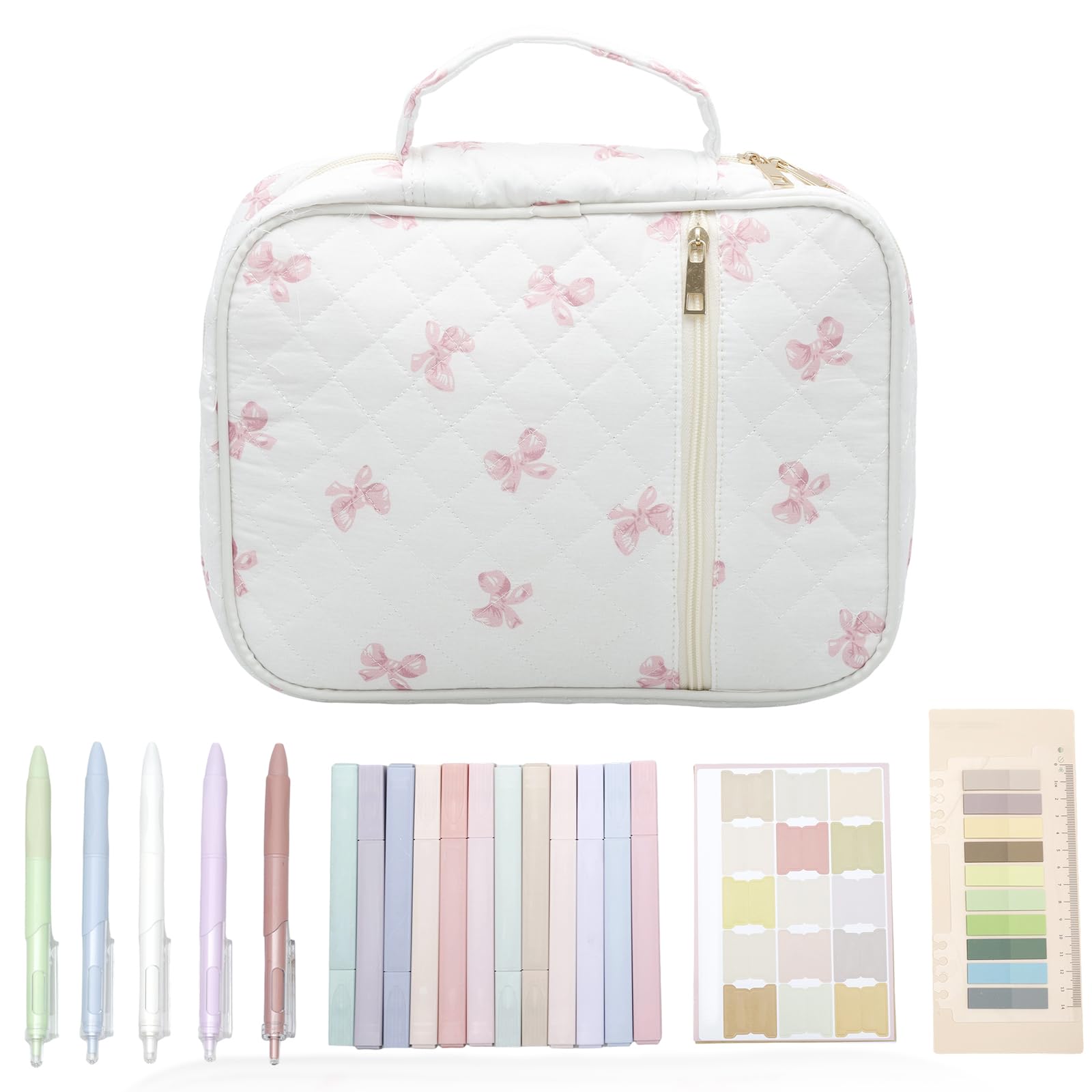 YUNYOUC Bible Study Kit with Carrying Case for Women, Quilted Cotton Bible Bag with 12 Highlighters, 5 Pens, 75 Bookmarks & 200 Labels, Floral Journaling Set for Church & Home (Pink Bows)