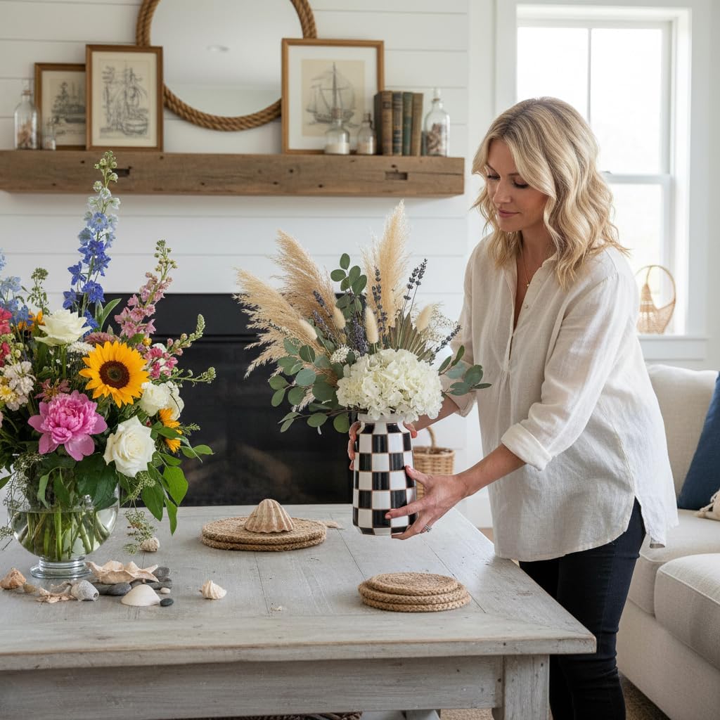Checkerboard Ceramic Vase - Porcelain Black and White Checkered Decorative Vases for Home Decor,Elegant Flower&Pampas Grass for Centerpieces,Thanksgiving/Halloween for Living Room Kitchen