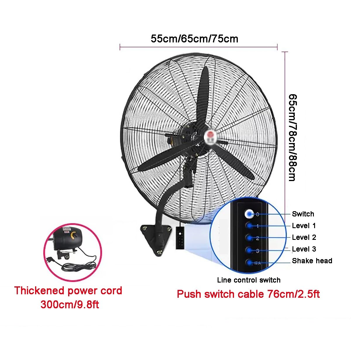 Ventilateur Mural Oscillant 55 Cm/65 Cm/75 Cm Avec 3 Vitesses, Tête Oscillante À 120 Degrés, Pour La Maison, Le Bureau, L'atelier, L'usine Et Le Sous-sol(65cm/26in)