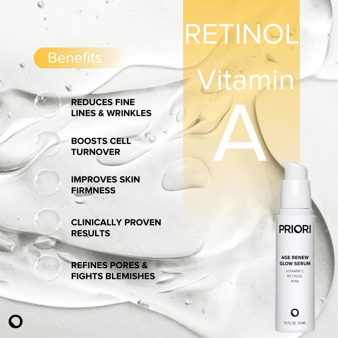 Priori Skincare Age Renew Glow Serum, Vitamin C, Retinol, AHA, Advanced Anti-Aging Radiance Boosting Formula, Dark Spot & Wrinkle Reduction, Firmness, Glowing Complexion, 1 fl oz