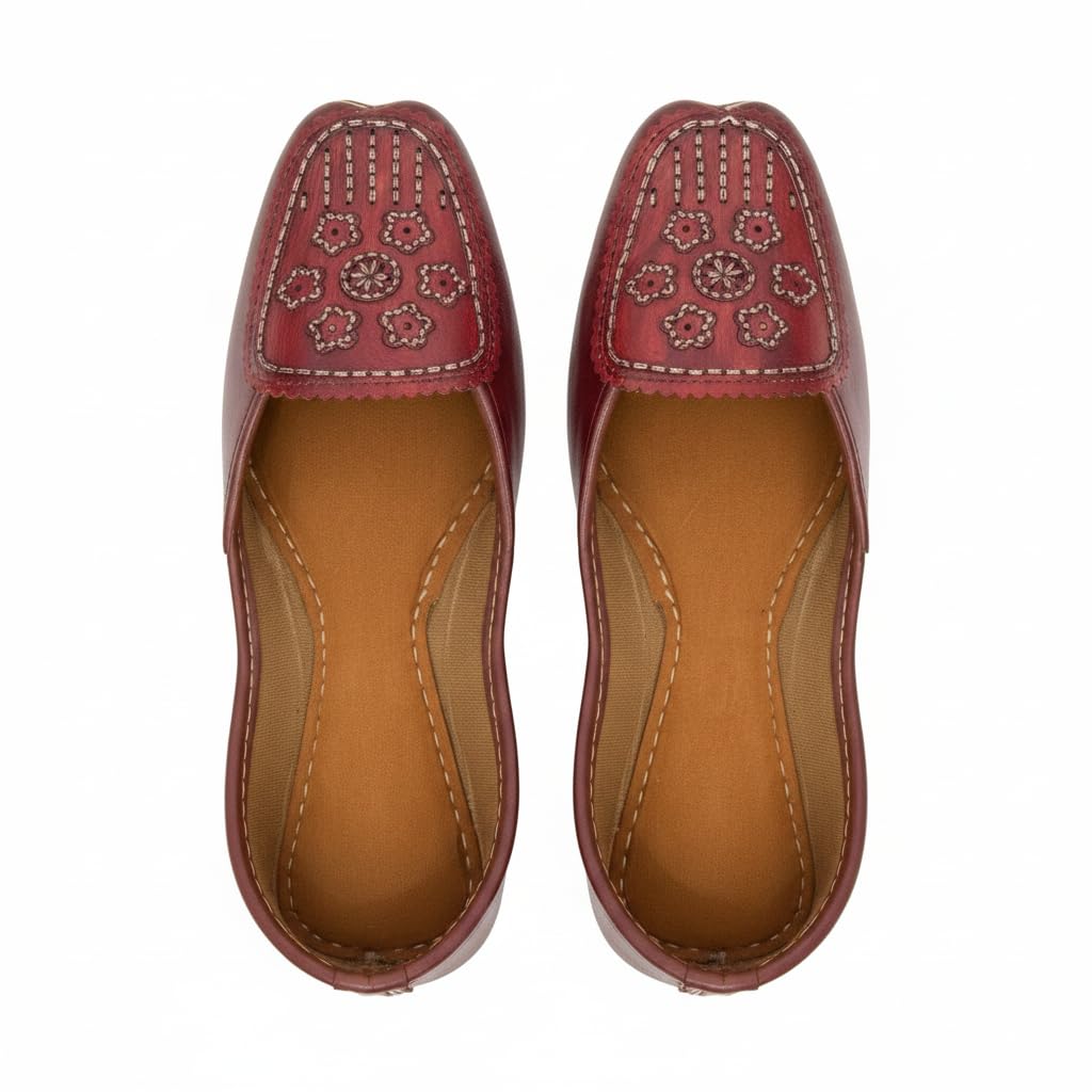 Women's Maroon Leather Jutti with Floral Embroidery-image-22