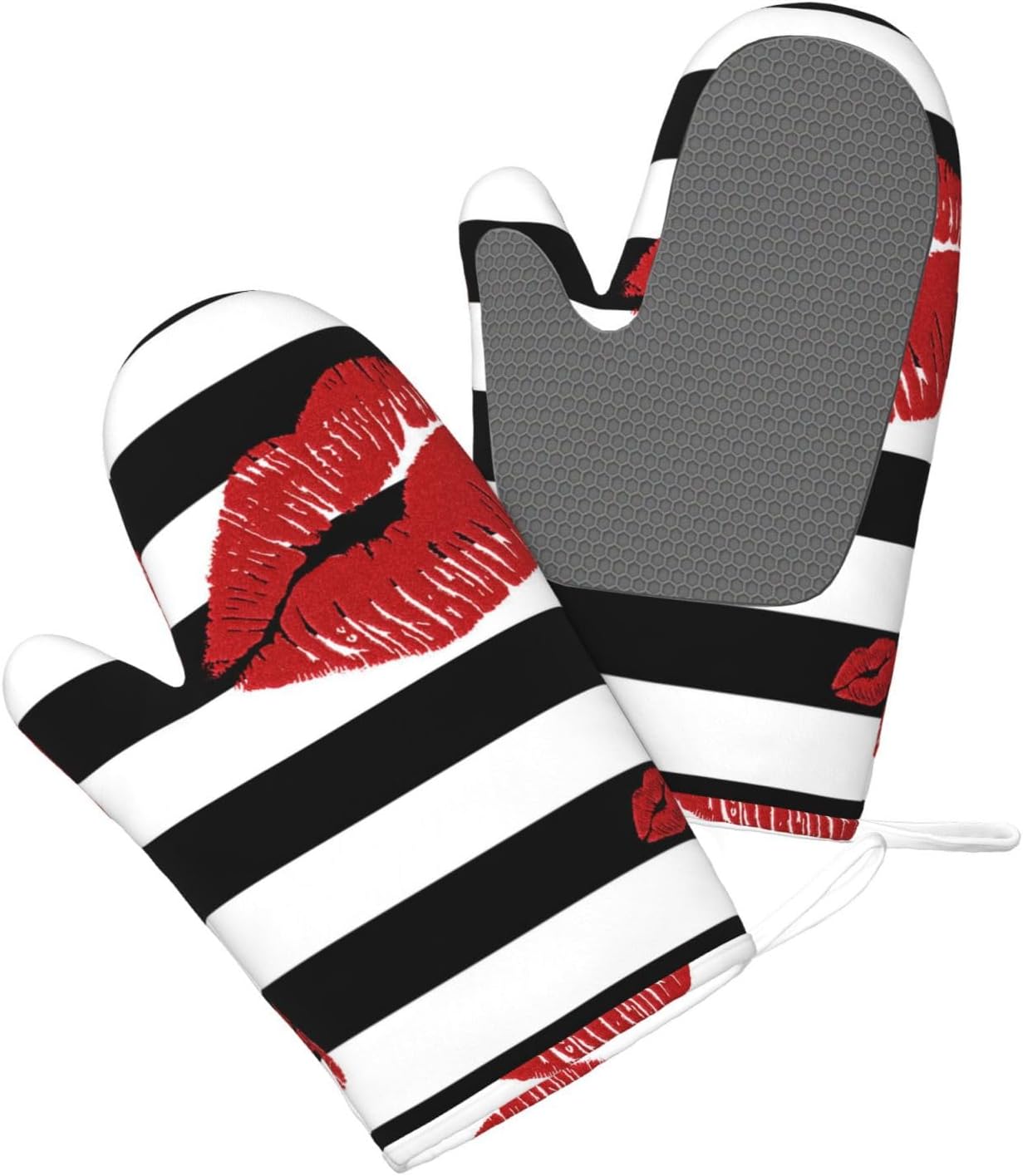 Red Mouth Printed in Black and White Stripes Oven Mitts and Pot Holders Set of 4 Heat Resistant Kitchen Gloves with Silicone Palm Hot Pads for Baking Cooking Grilling BBQ