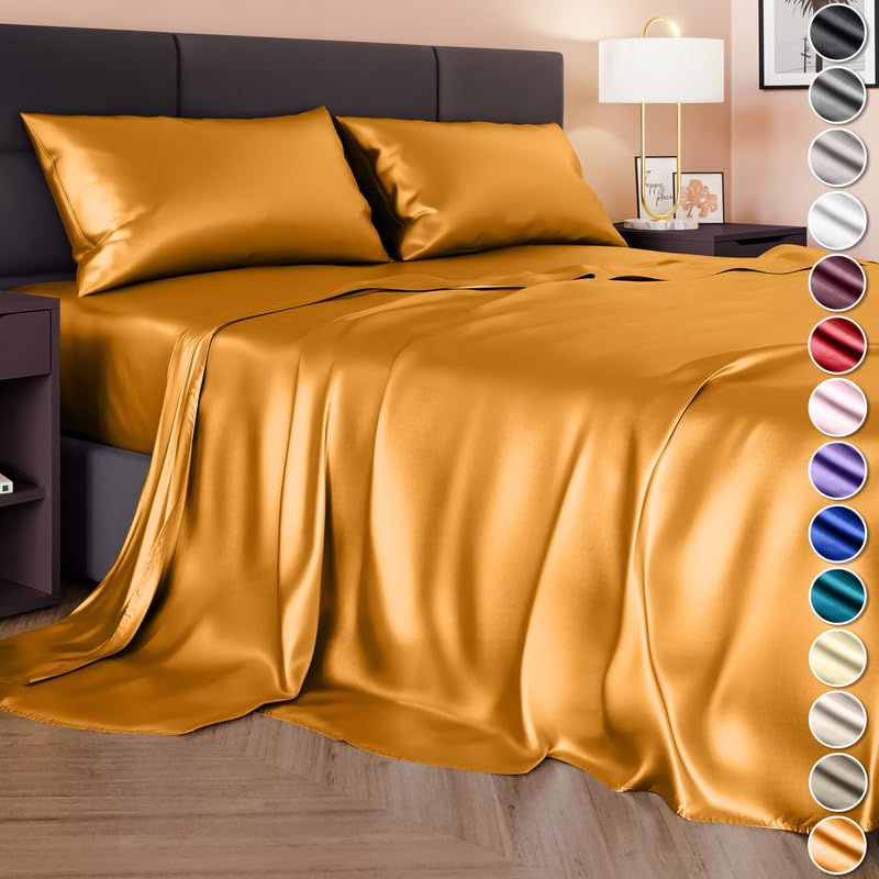 DECOLURE Satin Sheets Full Set 4pcs - Luxurious and Genuine Silk Feel Satin Sheets Full w/Deep Pocket - Elegant All-Season Silky Soft Full Size Bed Sheets - Comfy Satin Sheets Full Set (Gold)