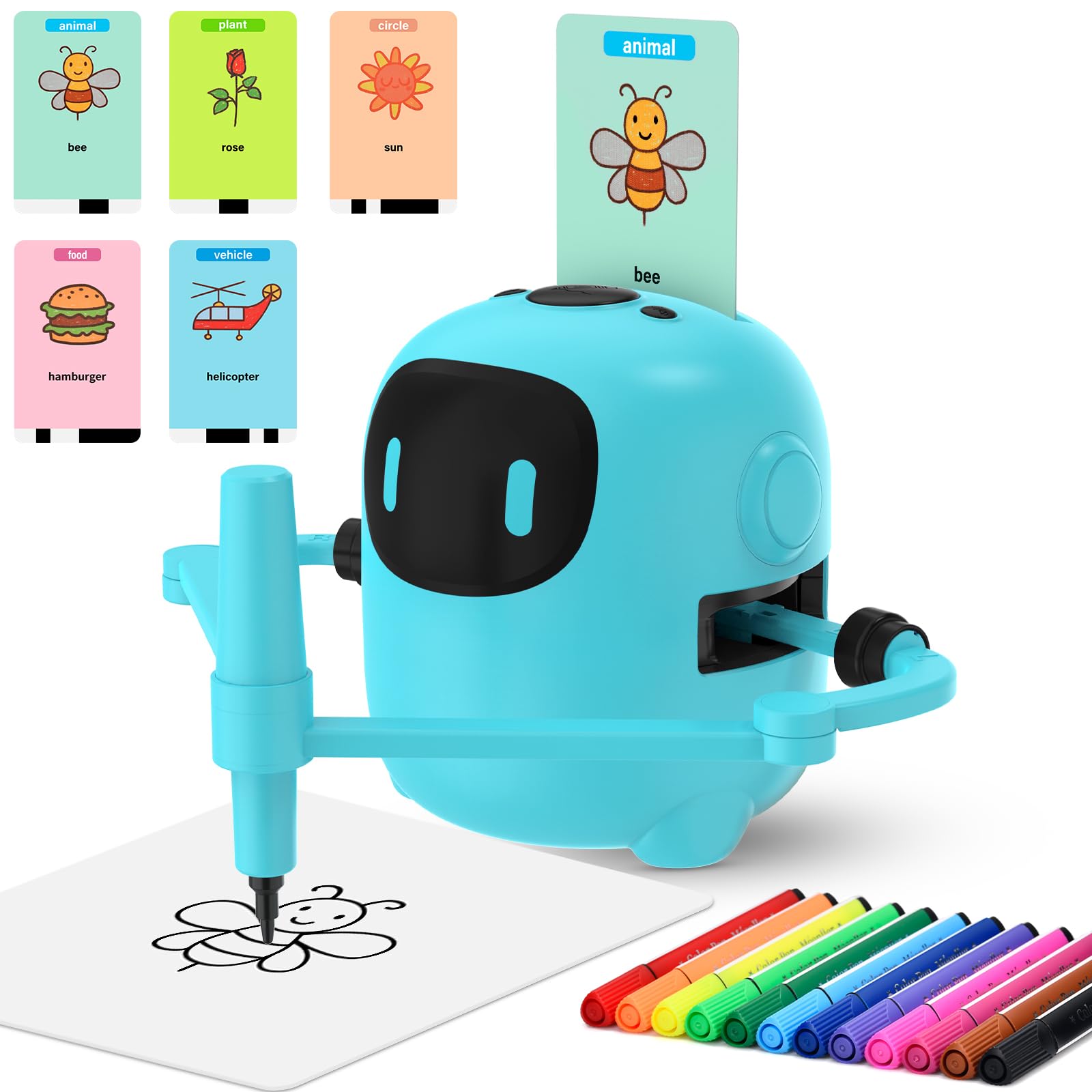 Ruycllo Robot da Disegno Interattivo per Bambini - Giocattolo Educativo con 100 Schede e Penna, Voce in Inglese, USB Type-C, Ricaricabile, per Apprendimento e Regalo Bambini 3–10 Anni (Blu)