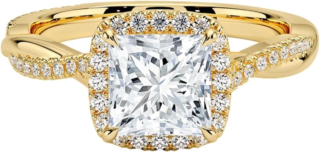 1-2 CT Moissanite Engagement Ring For Womens, Halo & Twist Band Design In Silver, 10K 14K 18K Rose White Yellow Gold Or 950 Platinum, Valentine & Proposal Gift For Her