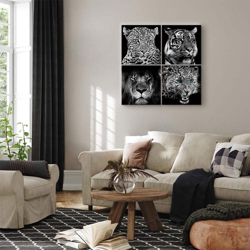 decomonkey Quadri Moderni Soggiorno Animali Tigre Gatti, 4 pezzi, 40x40 cm | Tela strutturata su telaio in legno, decorazione da parete, leone, occhi, turchese, bianco, nero, Quadro Stampa su Tela