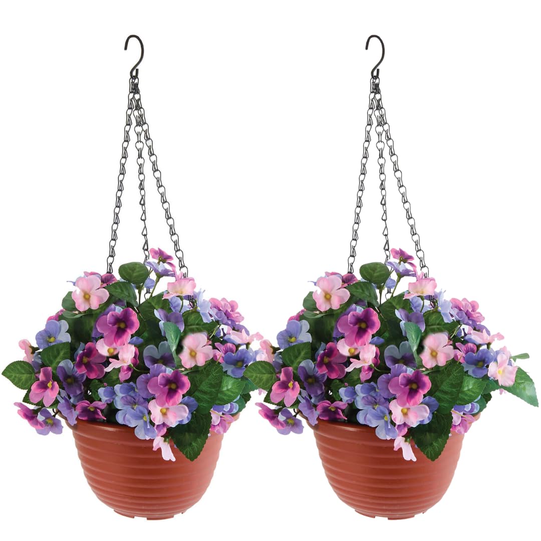 Coopers of Stortford - Faux Pansy Hanging Basket, Pack Two - Year-Round Flower with No Watering or Maintenance Weather-Resistant Terracotta-Look Flower Pots