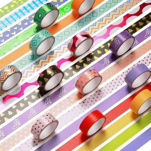 30 Rolls Washi Tape Set 15mm, Include 20 Gold Foil Masking Tapes,10 Rolls Colorful Rainbow Tapes for Scrapbooking,Bullet Journals,DIY, Art Craft and Gift Wrapping