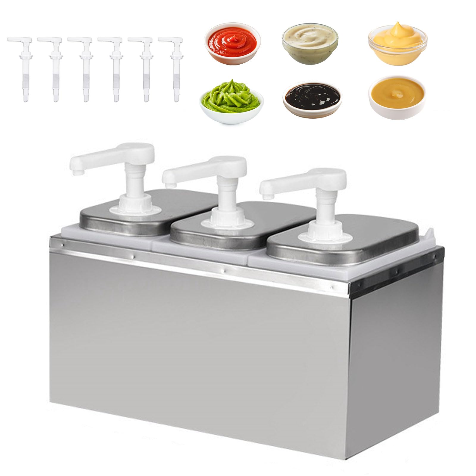 6L Ketchup Spender, Saucenspender mit 6 Pumpen, Edelstahl-Gewürzpumpstation Gewürz-Saucen-Pumpenspender, Salat-Marmeladen-Gewürz-Gewürz-Quetschpumpenbehälter für Küche und Restaurant