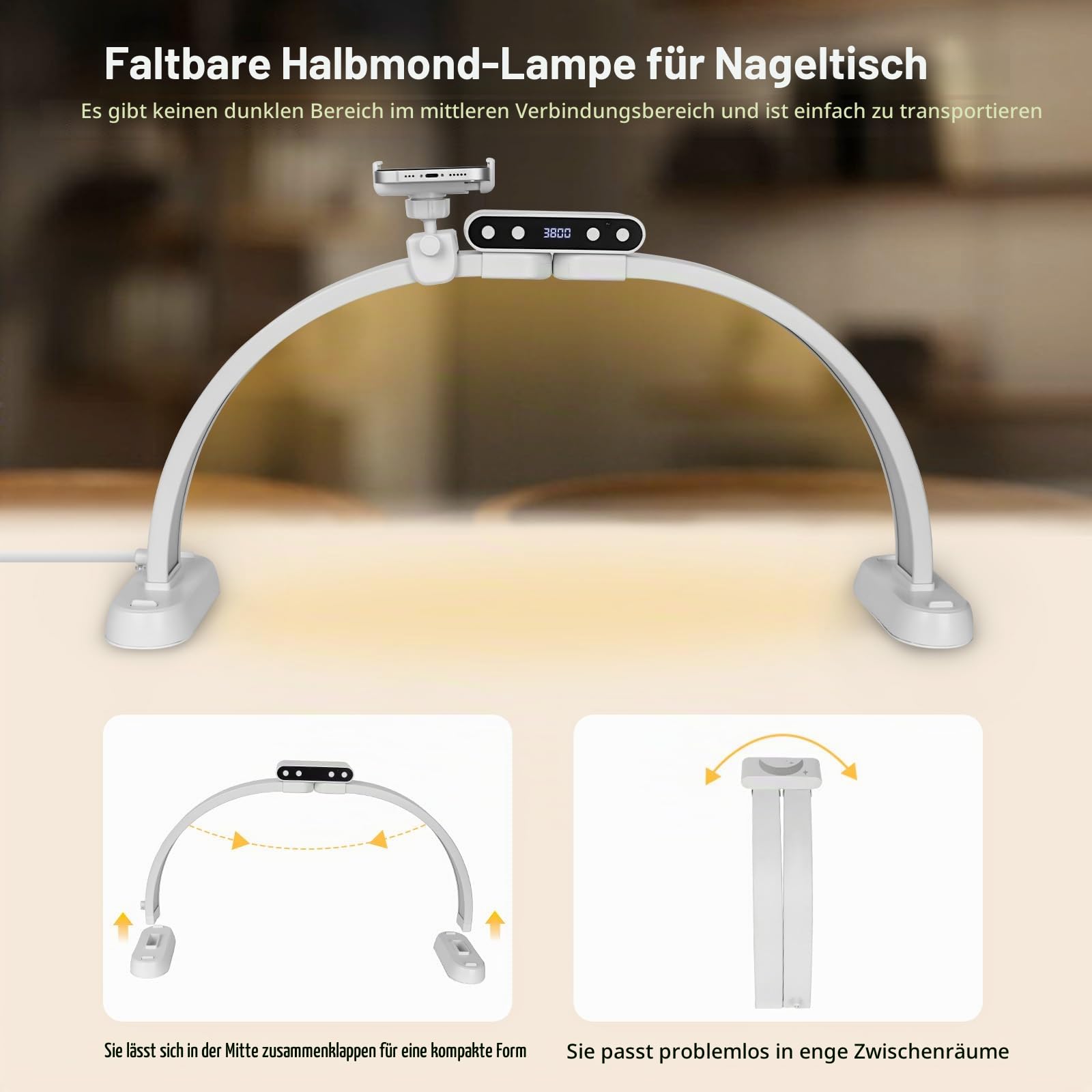 Halbmond Lampe Kosmetik, 23" Dimmbare LED Nageltisch Lampe mit 3 Farbmodi, Klappbare Bogenlampe mit Handyhalterung für Maniküre-Kunst, Beauty und Tattoos