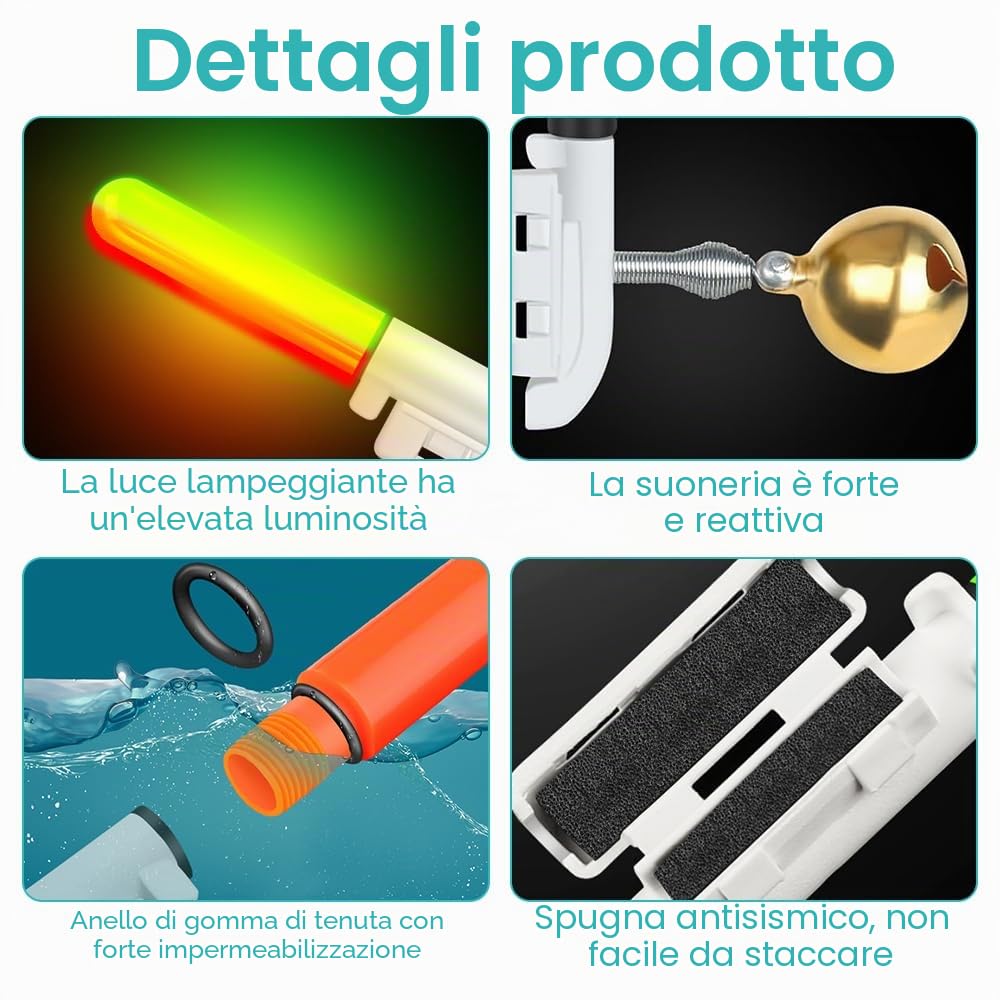 Set di 4 luci a LED per la pesca, indicatore di abboccato da pesca, con fibbia, campanello di allarme di pesca, barre luminose a LED, con caricatore e batteria per la pesca all'aperto