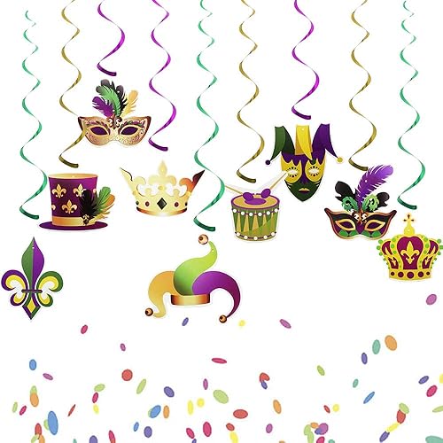 9 piezas de decoración de remolinos colgantes para fiesta de Mardi Gras, guirnalda dorada, verde, morado, corona, letrero de papel de aluminio,