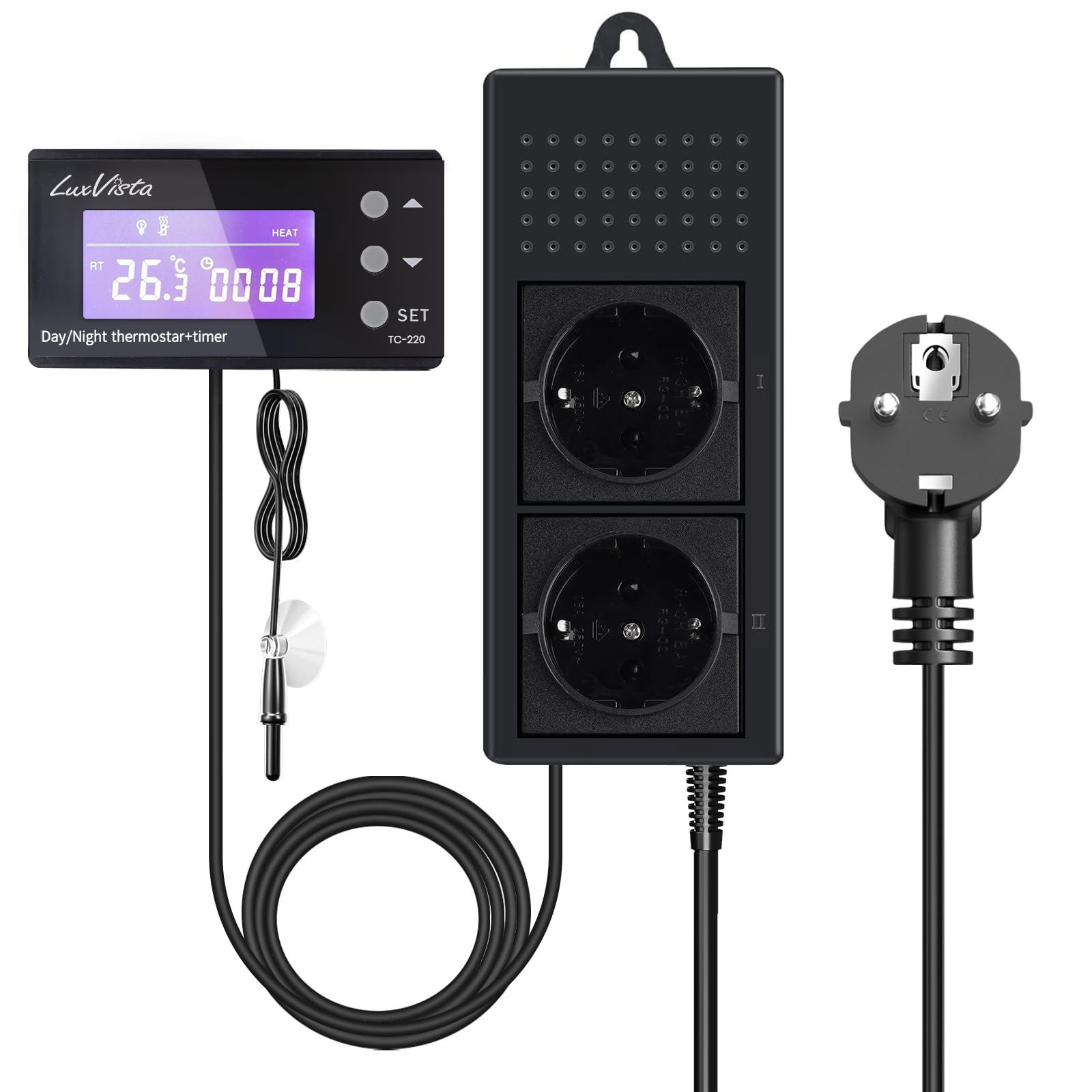 Luxvista 220V Termostat Terrarium Dla Gadów Cyfrowy Regulator Temperatury z Grzaniem/Chłodzeniem i Czujnikiem - Do Akwariów, Szklarni, Jaszczurek