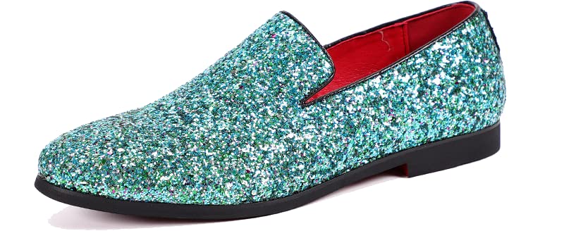 Mens Smoking Sparkling Slipper Metallic Sequins Textured Glitter Tuxedo Slip-on Prom Loafers Luxury Wedding Dress Shoes (12 M US, Green)