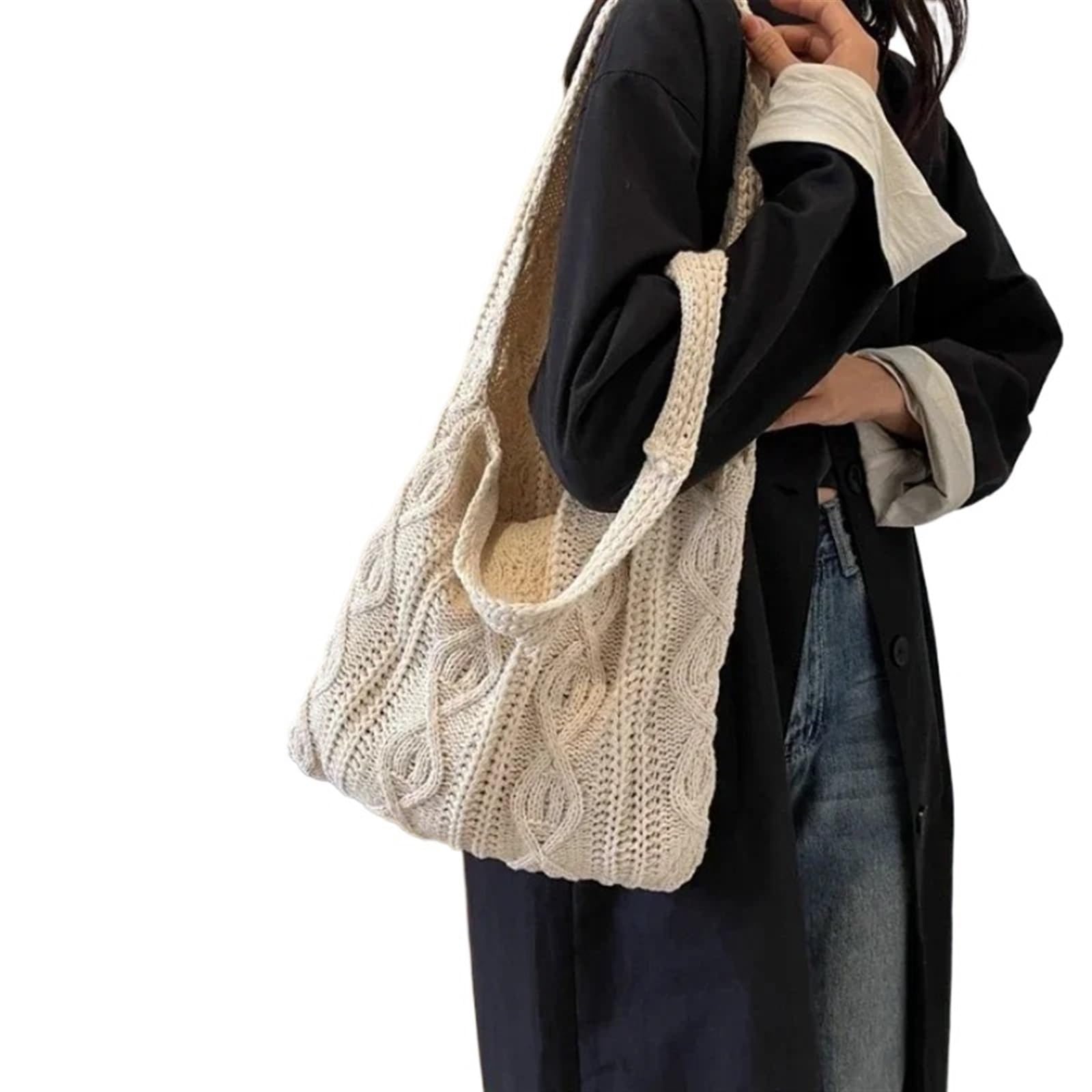 Ebzfaso Beige Knitted Cotton Crochet Tote Bag