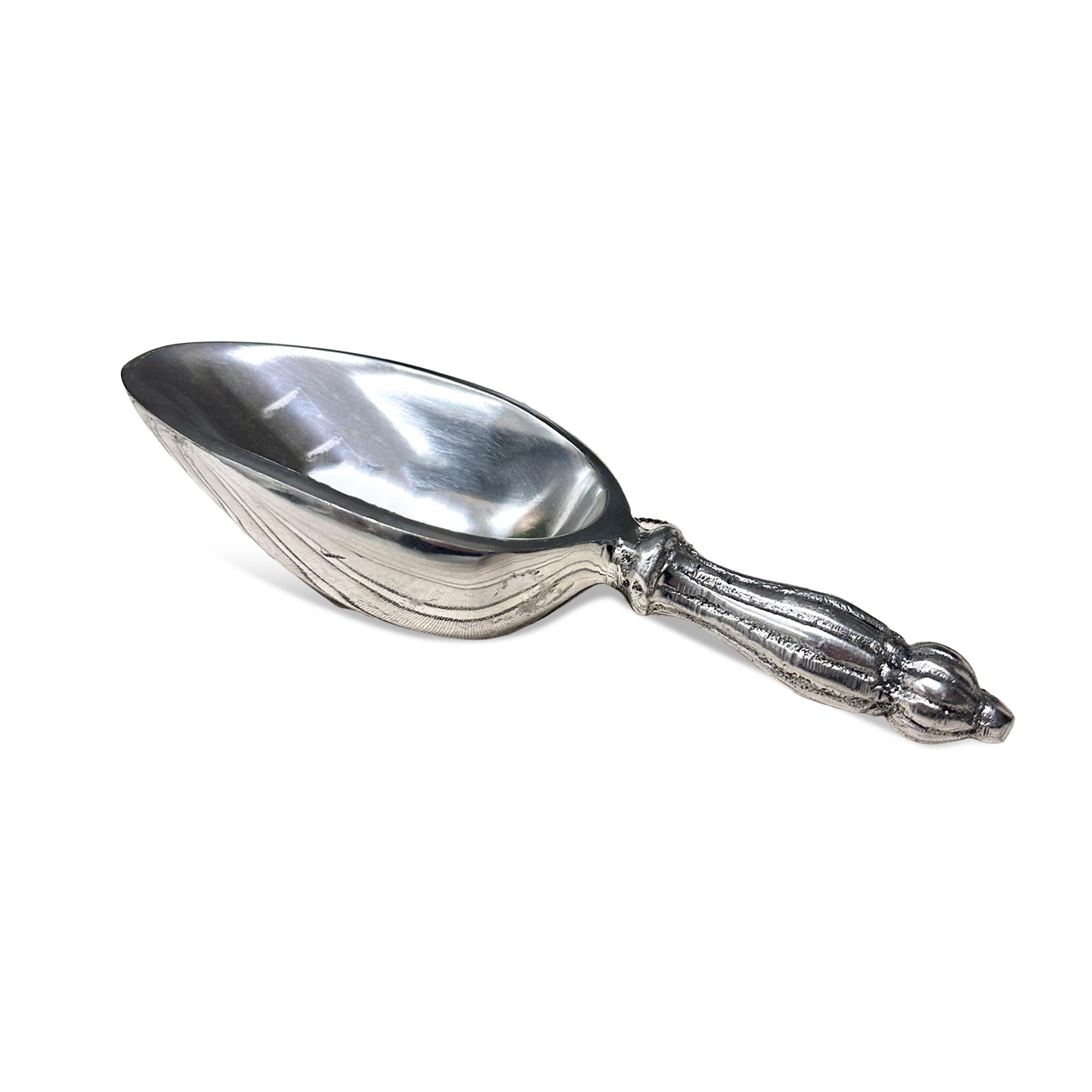 India Handicrafts Decorative Table Serving Decor 7 Inch Polished Aluminum Ribbed Ornate Flour Grain Candy Ice Scoop, Silver Tone, Vintage Design