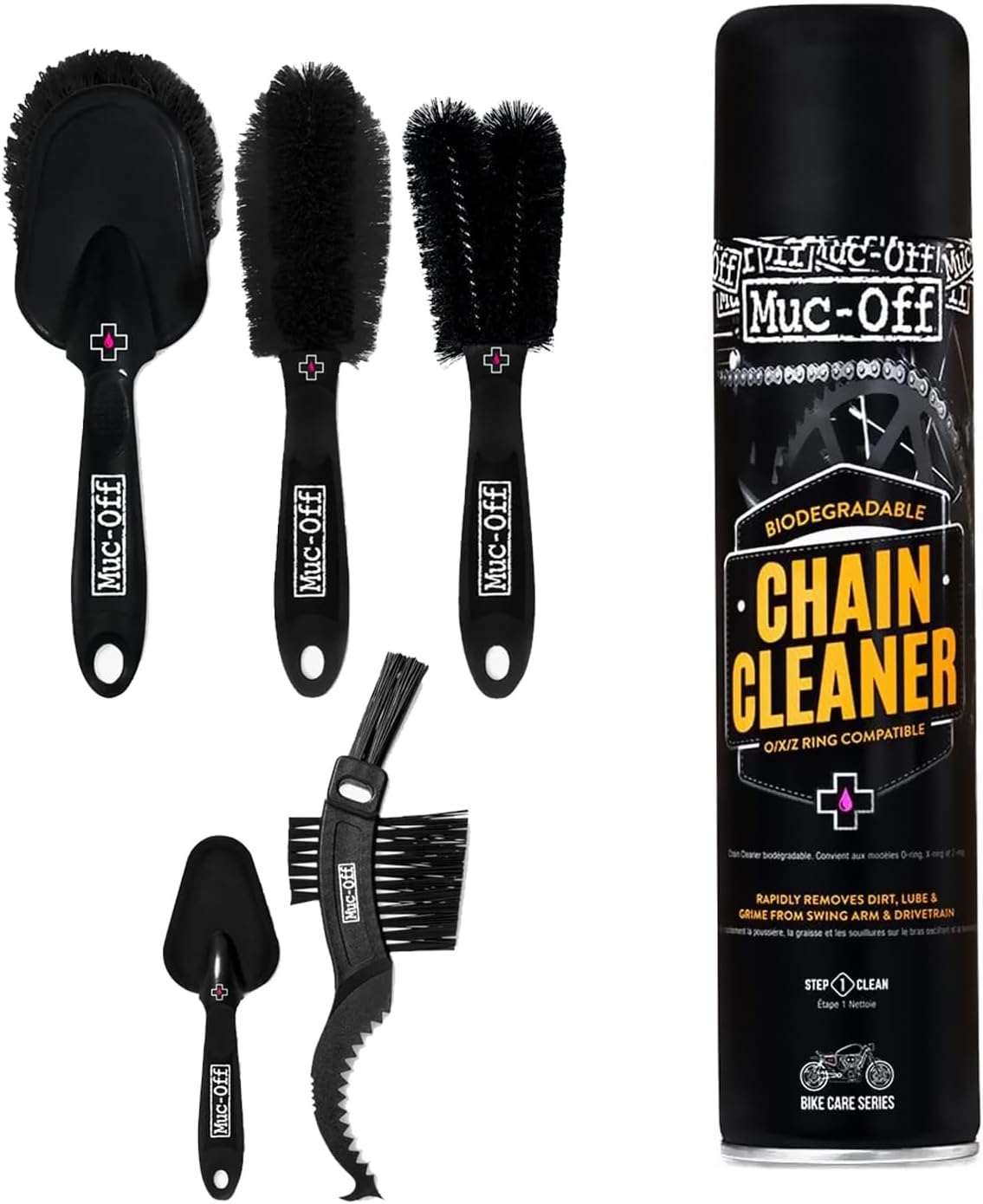 Muc-Off Motorcycle Chain Cleaner + 5x Bike Brush Kit | Motorcycle Chain Degreaser Cleaner with Chain Cleaning Brush Set | Instant Grease Cutting Formula | Easy to Use