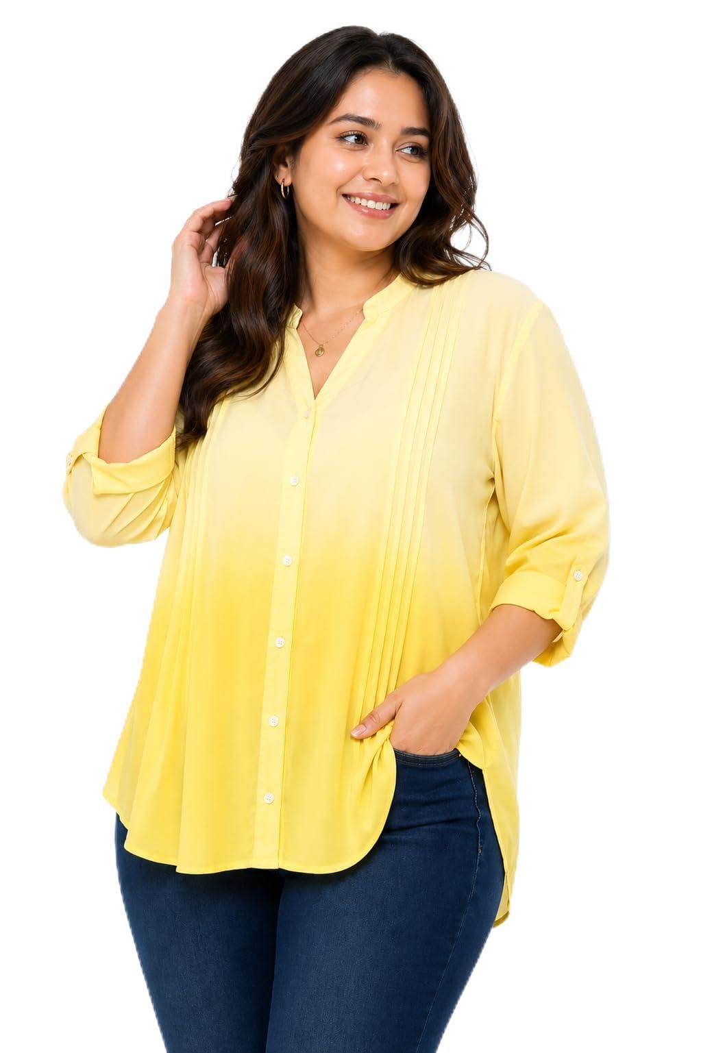 Women's Pink Pintuck Button-Down Shirt, Band Collar, 3/4 Roll-Up Sleeves, Casual Top-picture-33