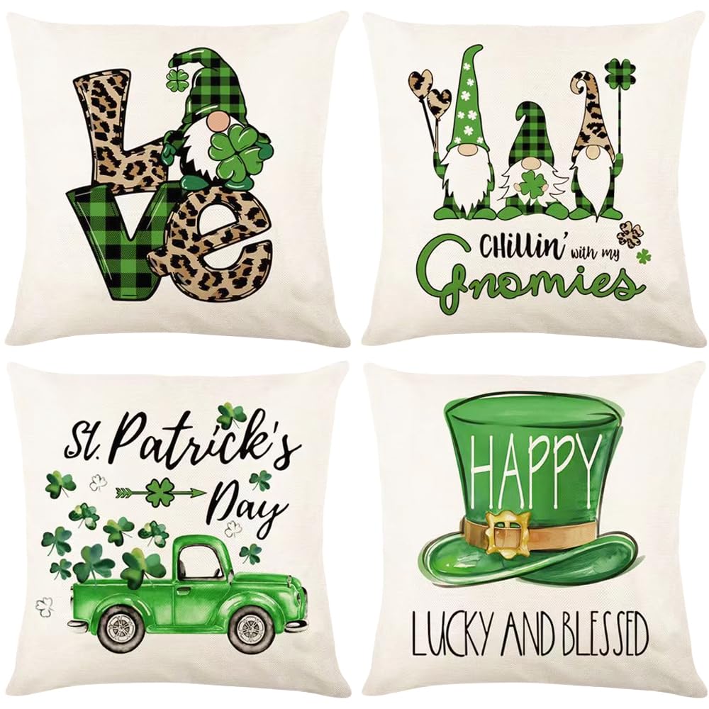 St Patrick's Day Pillow Covers 18x18 4Pcs - St Patricks Day Decorations for Home - Gnome Shamrock Lucky Charm St Patricks Decorative Throw Pillows Farmhouse St Patricks Day Decor