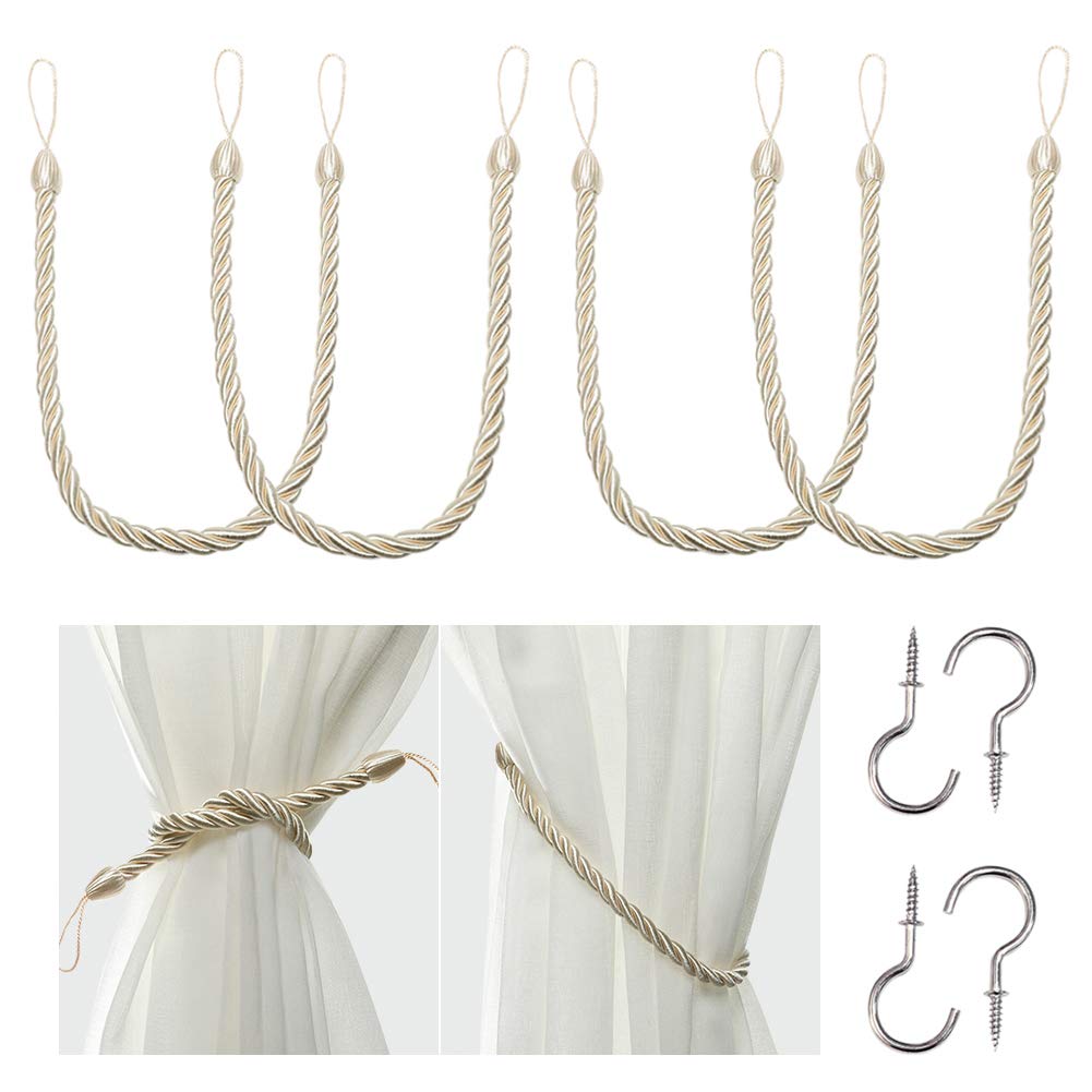 BEL AVENIRCurtain Rope Tiebacks, Drapery Rope Holdbacks with 4 Metal Screw Hooks (Beige, 4pack)