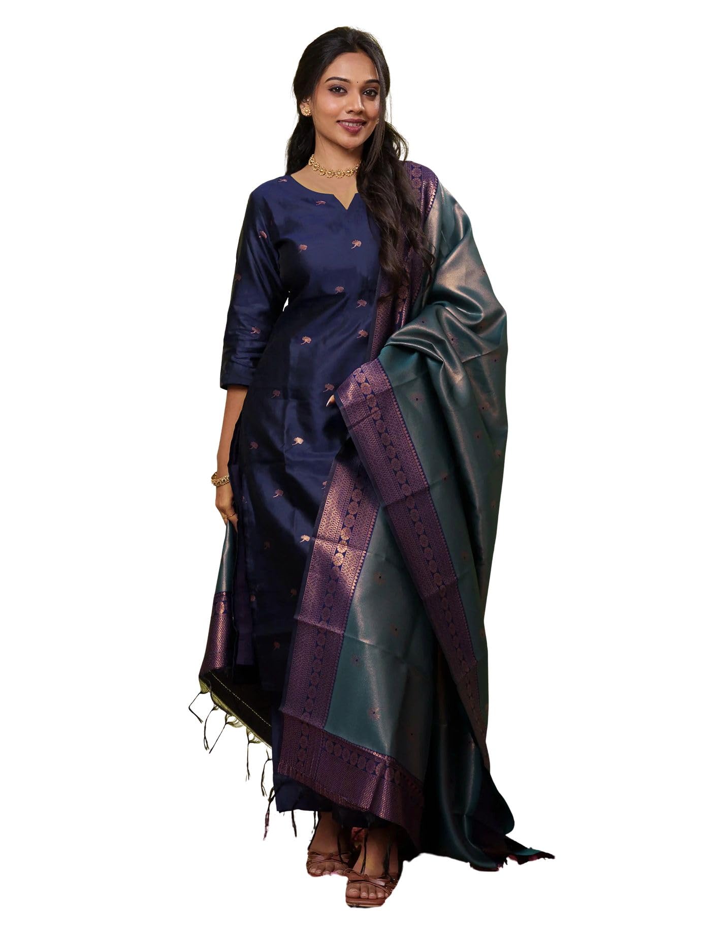 kedarfab Women's Art Silk Woven Motiff Kurta Pant With Dupatta Set-picture-13