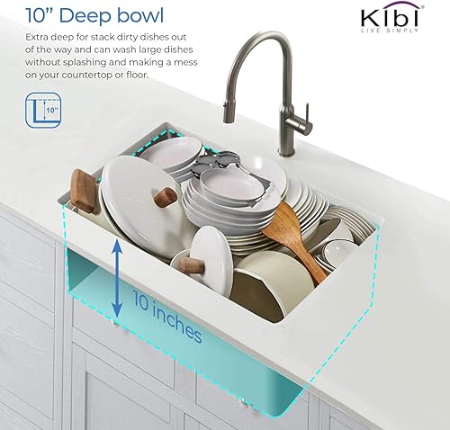 Miniatura 4 de KIBI Fregadero de cocina hecho a mano con estación de trabajo de 33 pulgadas con rejilla inferior y colador, fregadero de acero inoxidable de un