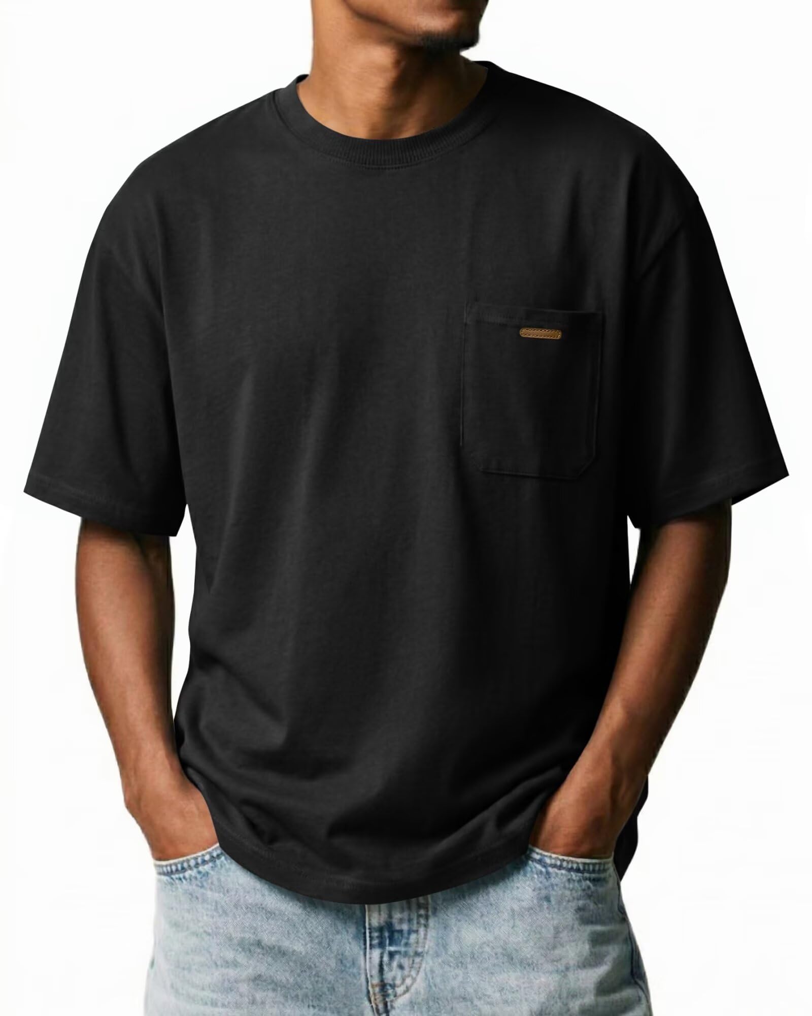 Elainone T-Shirt Herren Baumwolle Rundhals Kurzarmshirt Mit Brusttasche Für Arbeit Und Alltag