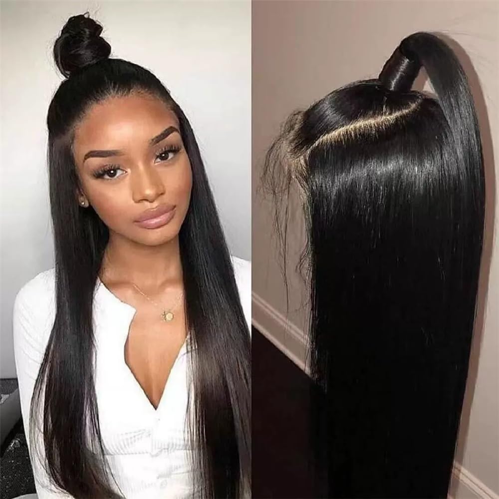 JHXIN 4x4 Lace Wig, Natural Black Long Straight Hair, 100% Virgin