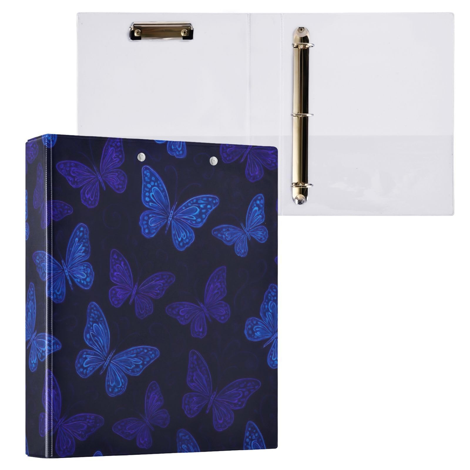 Carpeta de 3 anillas, mariposas azules y moradas brillantes, carpeta de anillos en D oscuro, paquete de 2 | Con portapapeles y bolsillos, para escuela, universidad, oficina