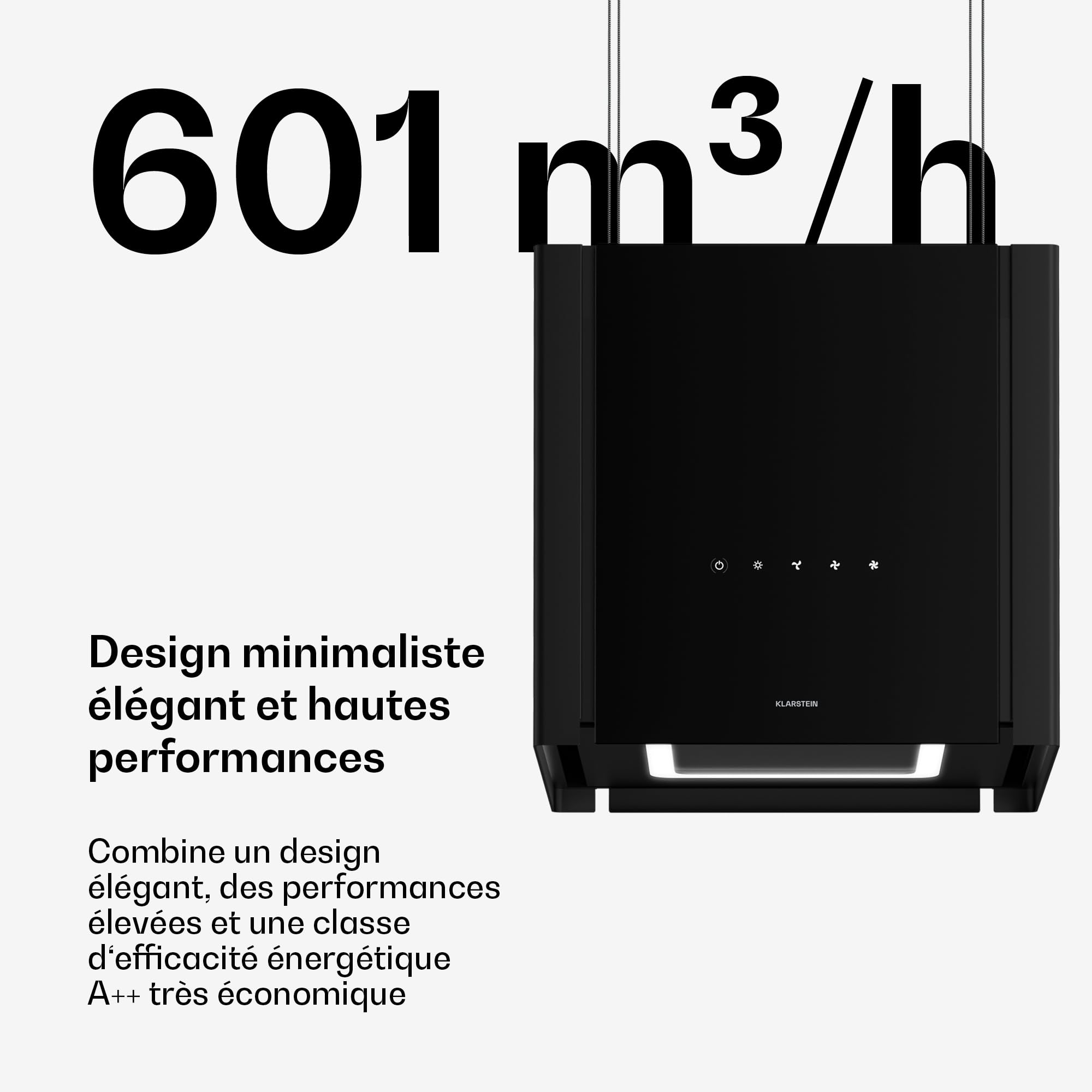 Klarstein Velaire Hotte Aspirante de Plafond - A++ Éco, 601 m³/h, Ultra Silencieuse 62 dB, Commandes Tactiles, LED, Filtre Charbon, 41x41x40 cm, Hotte Cuisine, Noir
