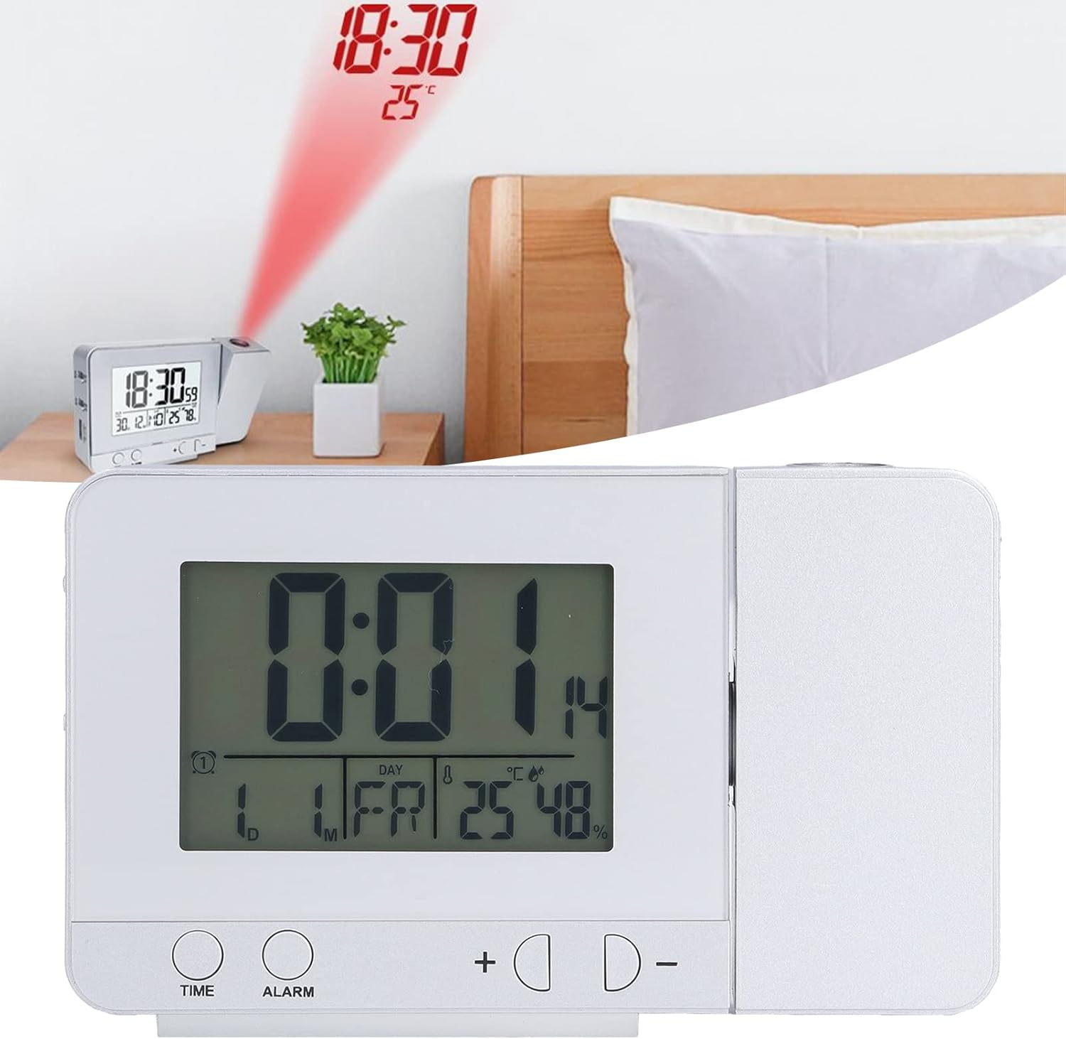 The alarm clock projecting time and temperature onto a bedroom wall above a bed.
