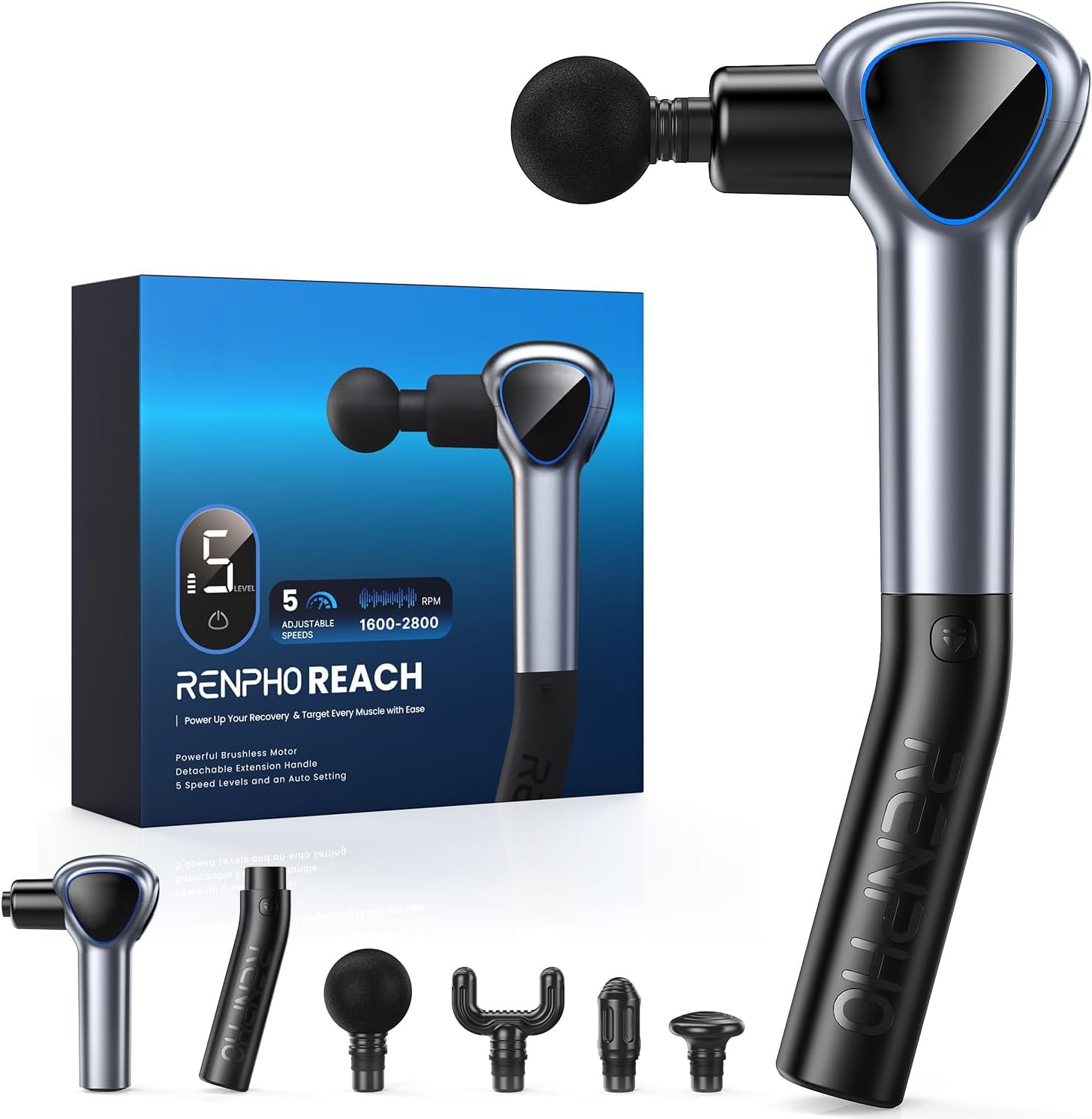 RENPHO Massage Gun with Upgrade Extension Handle Percussion, Portable Mini Handheld Muscle Massager 5 Speed with LED Screen for Athletes Back, Reach Amber Gray RENPHO Massage Gun with Upgrade Extension Handle Percussion, Portable Mini Handheld Muscle Massager 5 Speed with LED Screen for Athletes Back, Reach Amber Gray