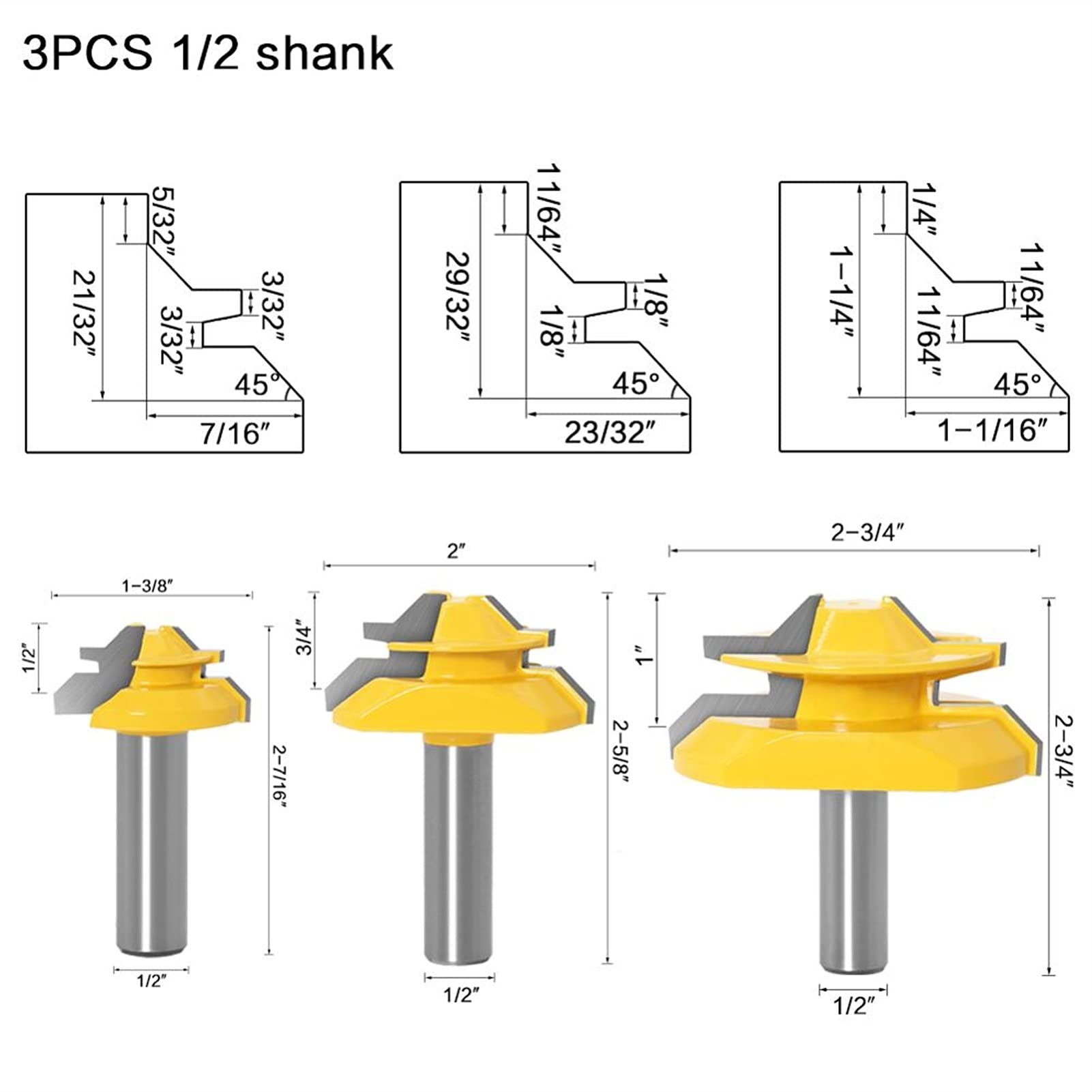 1/3 Sztuk 45 Stopni Router Bit Ustawianie narzędzi do obróbki drewna frezowy frez Frezy trzpieniowe JIYAMI'EN EL (Size : 12.7X69mm)