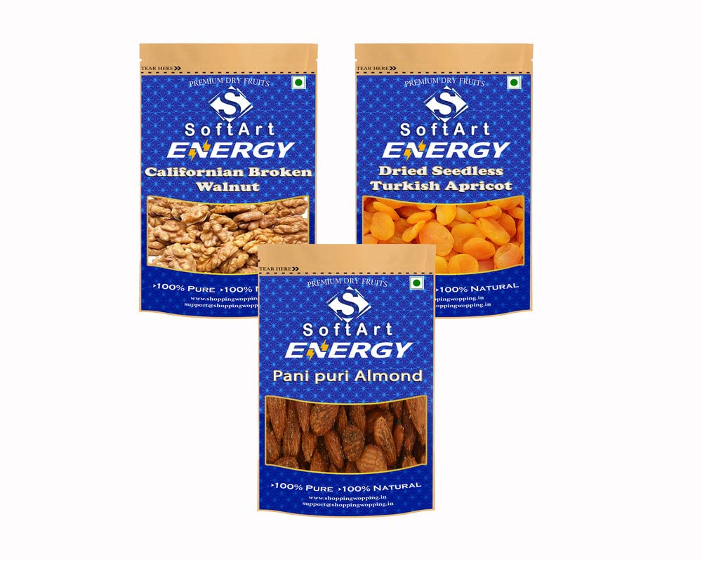 Soft Art Dry fruits combo of Broken Walnuts,Turkish Apricot,Pani Puri Almond (250g Each)