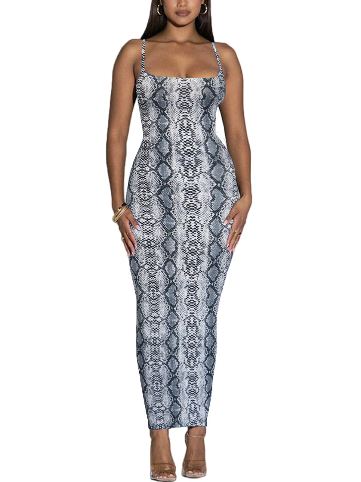 Women's Spaghetti Strap Bodycon Dress - Summer Casual Maxi Club Party Long Tight Slip Dresses