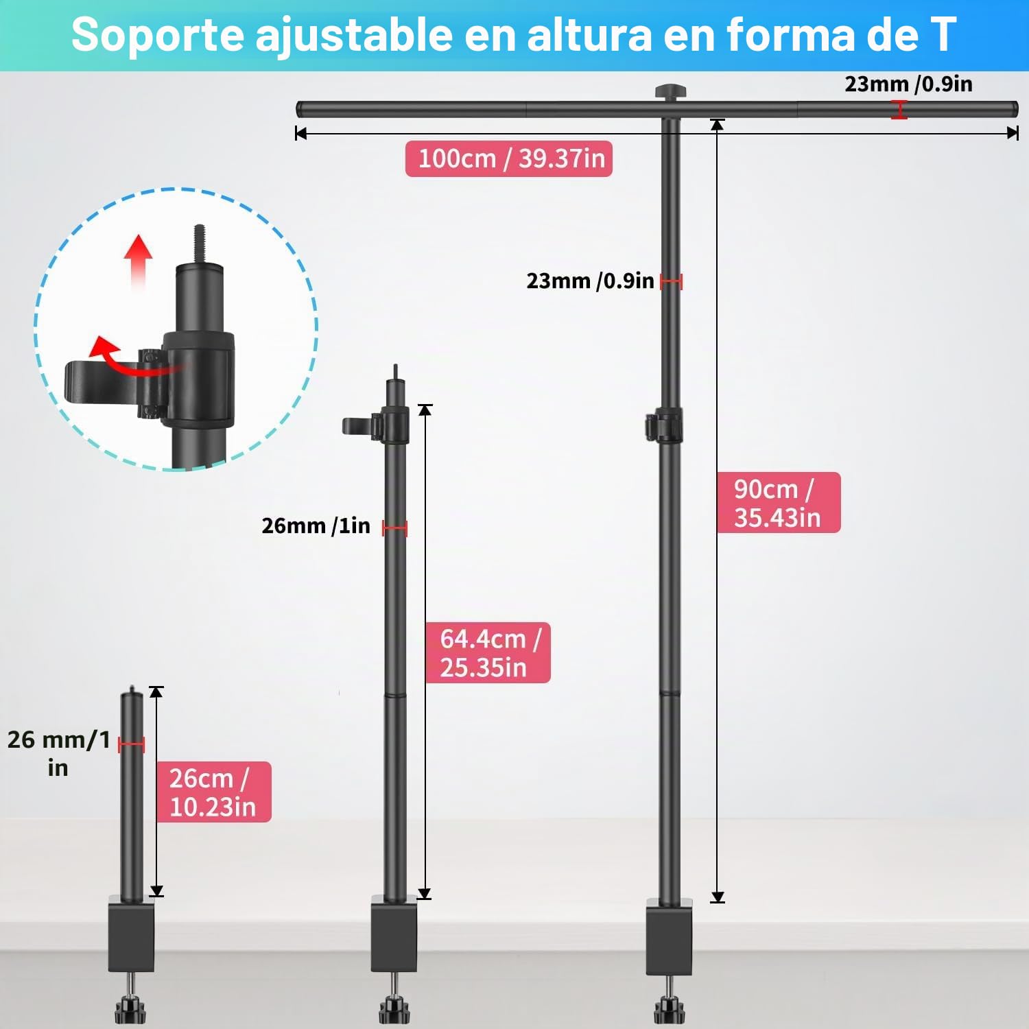 Soporte de Fondo 90x100 cm, 26-90 cm Soporte de Mesa de Altura Regulable con 3 travesaños, 3 Abrazaderas y Abrazadera en C para pancartas de Productos, Fondos de fotografía