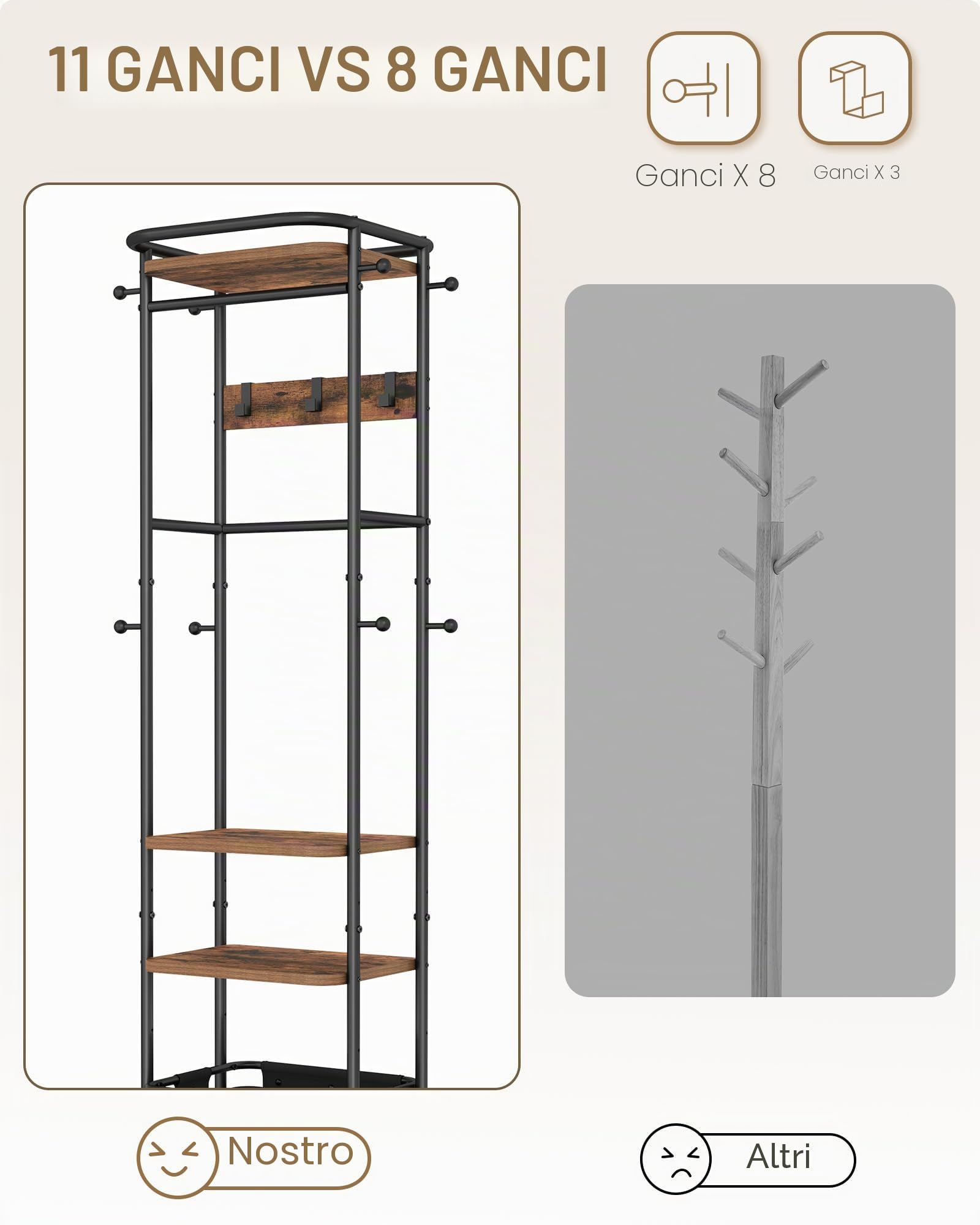 Hzuaneri Appendiabiti, 40 x 44,5 x 182 cm, Attaccapanni da Terra con 3 Ripiani, 11 Ganci e 1 cesto, per sciarpe, borse, cappelli, per ingresso, soggiorno, camera da letto, Marrone Rustico e Nero