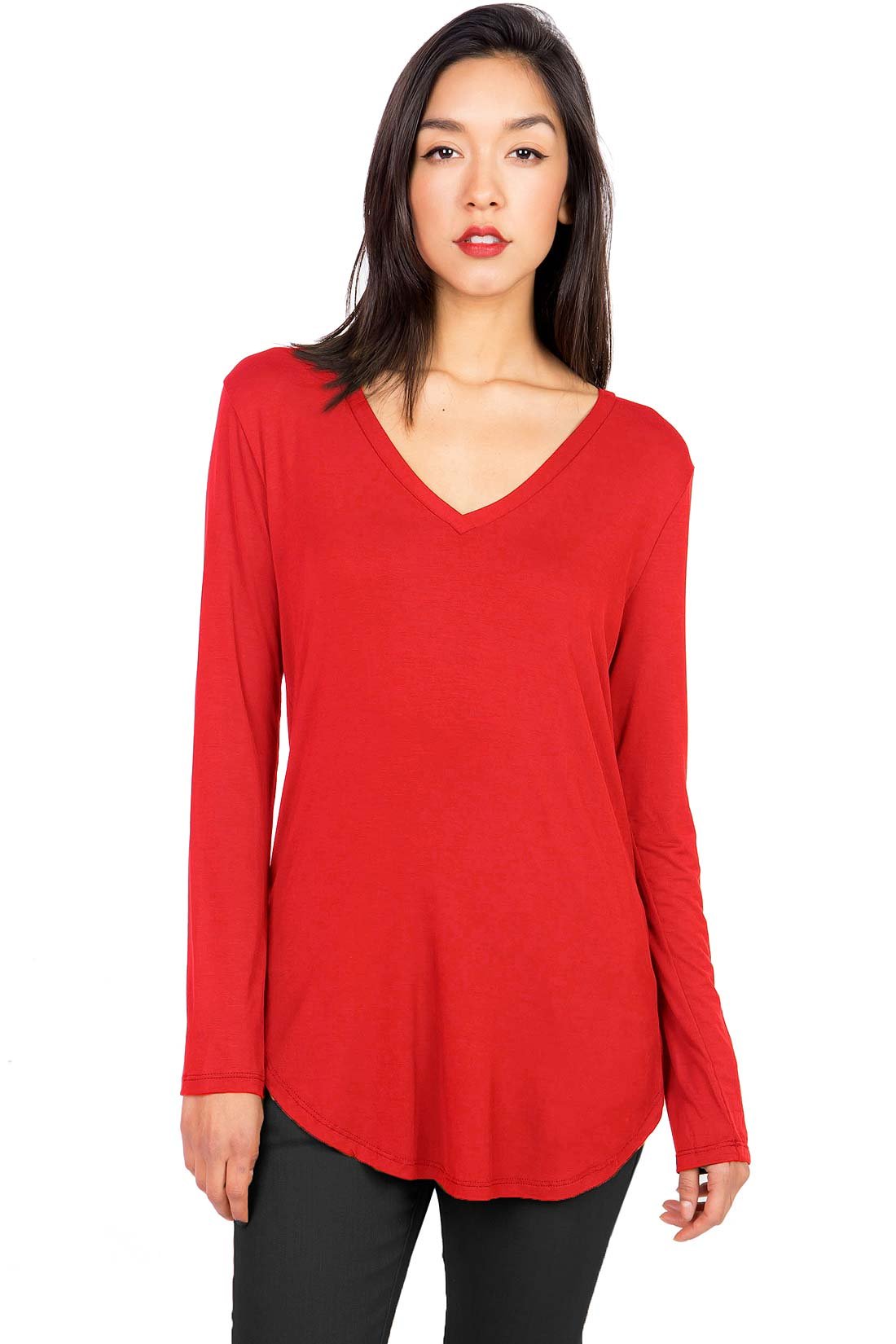 Women's Basic Long Sleeve V-Neck Top (M, Red)