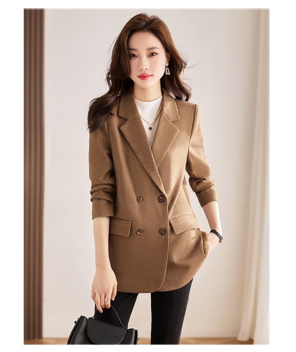 Giacche Eleganti da Donna in Tweed, Blazer Vintage Kaki con Risvolto con Risvolto Cappotto Moda Casual Maniche Lunghe Giacca Doppiopetto Autunno Transizione Capispalla con Spacco Posteriore