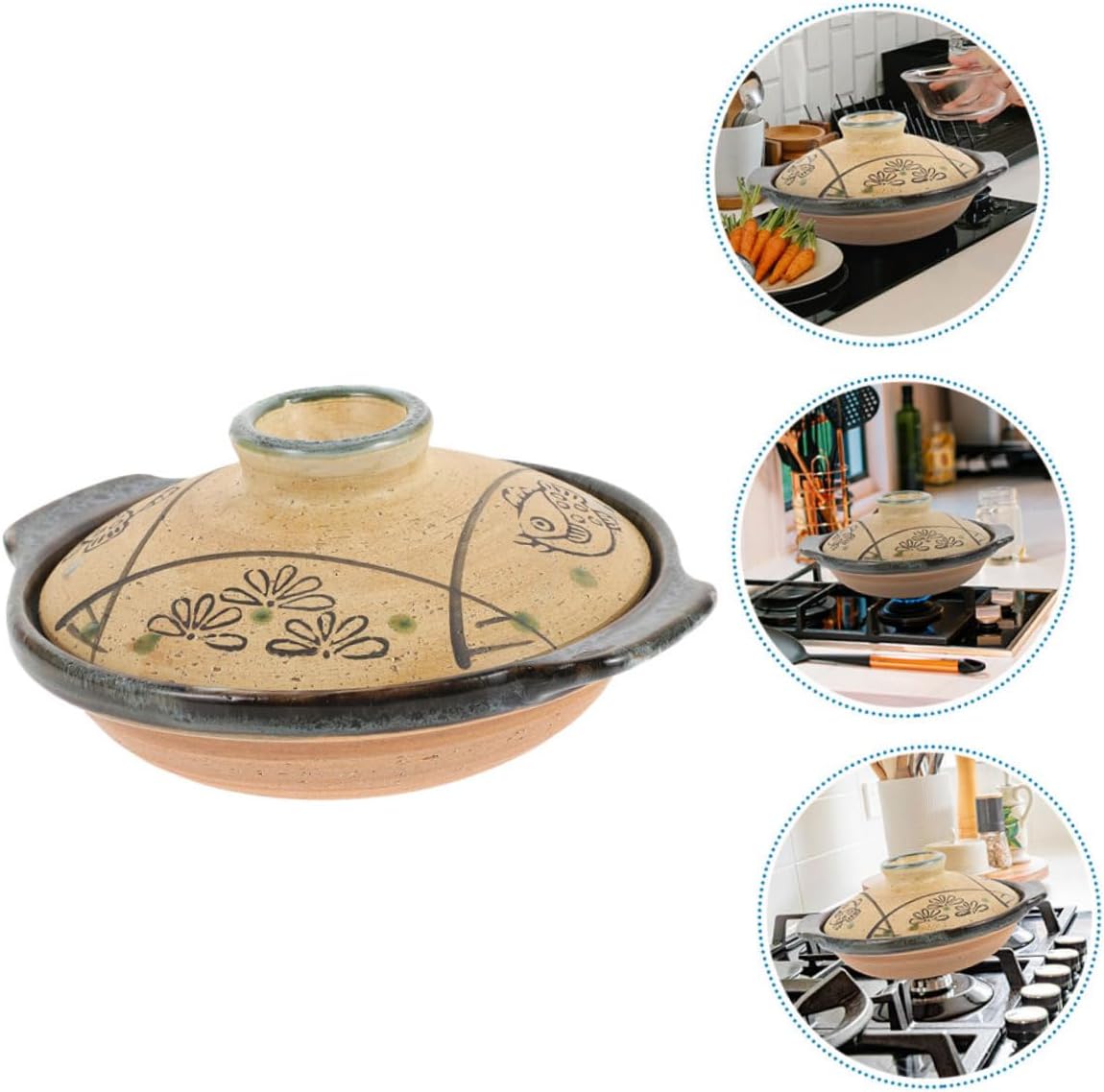 INOOMP Japanese Ceramic Casserole Cooking Pot Stew Pot with Handle for Soup Noodles Hot Pot Bibimbap Convenient Flat Base for Quick Cooking Easy to Clean