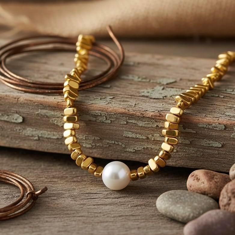 Elegant 18K Yellow Gold Plated over Stainless Steel Beaded Synthetic Pearl Necklace, Beach Boho Style Statement Jewelry for Women, 16-Inch Length with a 2-Inch Extension, Tarnish Resistant - Image 3