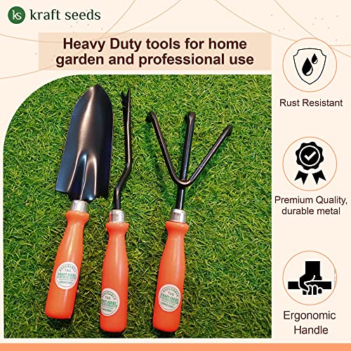Kraft Seeds Garden Tool Set - 3 Pcs (Big Shovel, Cultivator, Weeder) | Terrace Gardening Accessories | Gardening Tools Kit for Home Gardening | Essential Farming Spade, Trowel, Tiller for Gardening