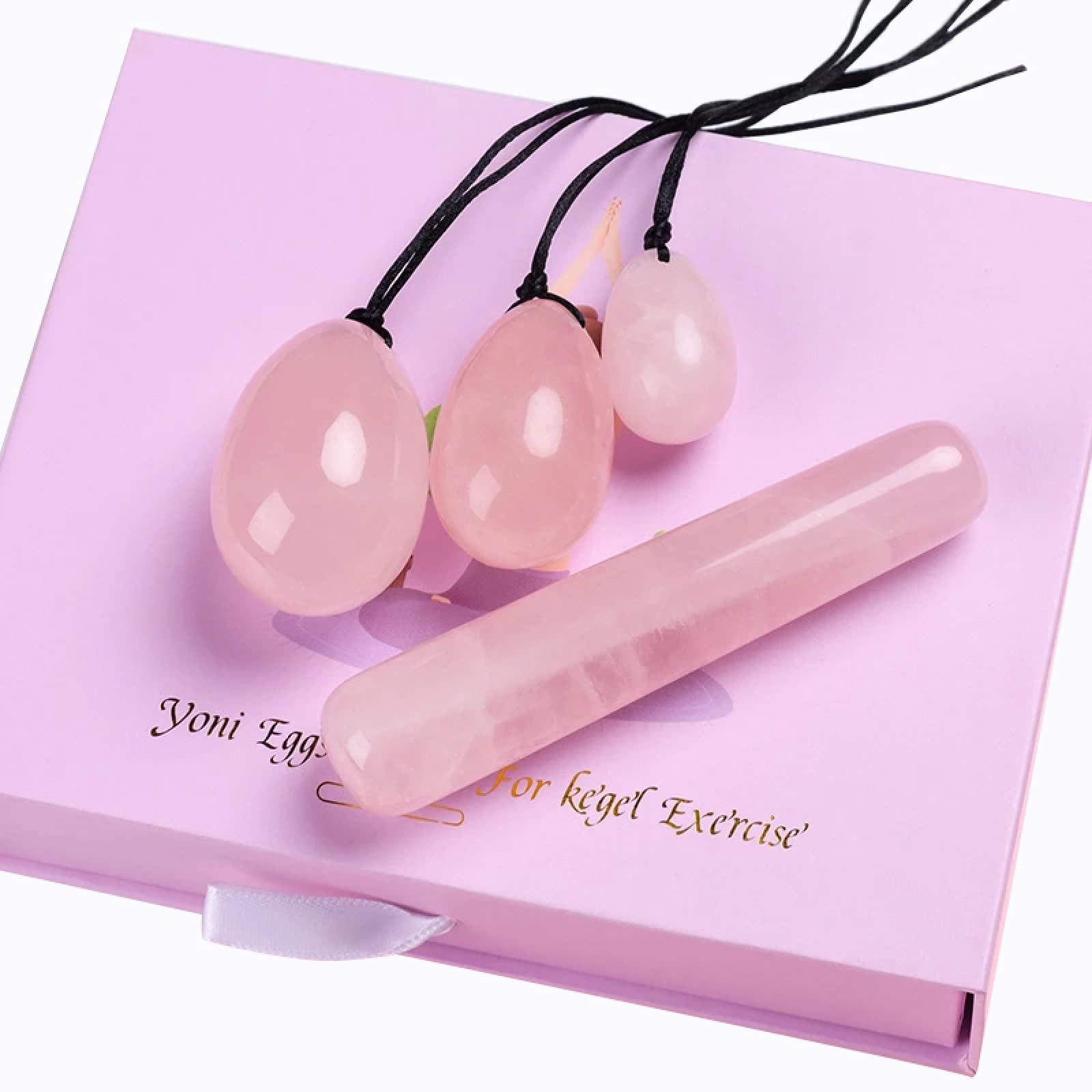 Natürliche Rosenquarz Yoni Ei Set Jade Ei Vaginalmuskelstraffung Kegel Übung Kristall Yoni Zauberstab Damenhygiene Massagestein, gebohrtes Ei mit Box