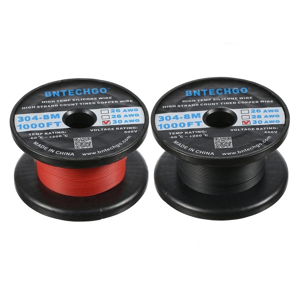 BNTECHGO Bobine de fil de cuivre étamé flexible de calibre 30 (rouge et noir) - 304,8 m de long - 30 AWG