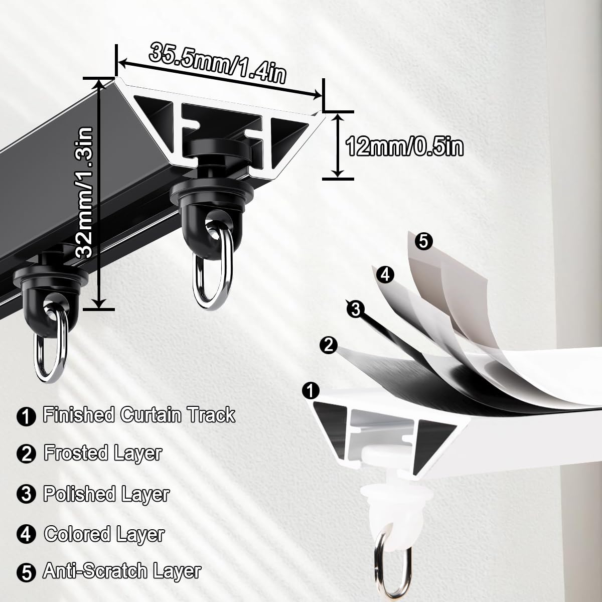 Aluminiowy drążek gąsienicowy bez wiercenia, od 0,5 m do 5 m, montaż ścienny/sufitowy z klipsami i obręczą do salonu i kampera, czarny (380 cm)
