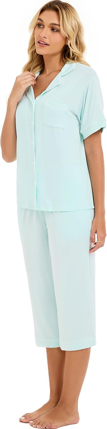 LUBOT Womens Bamboo Viscose Pajamas Super Buttery Soft 2 Piece PJ Set Button Capri Pants Long Short Sleeve Sleepwear Set - Image 4