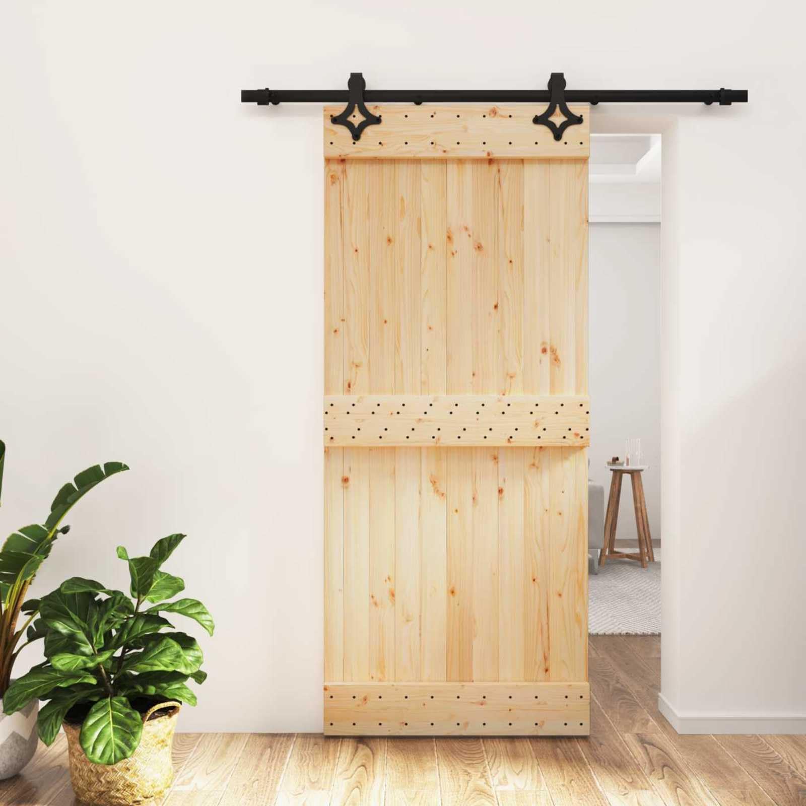 Drzwi przesuwne z litego drewna sosnowego i stalowego, 90 x 210 cm