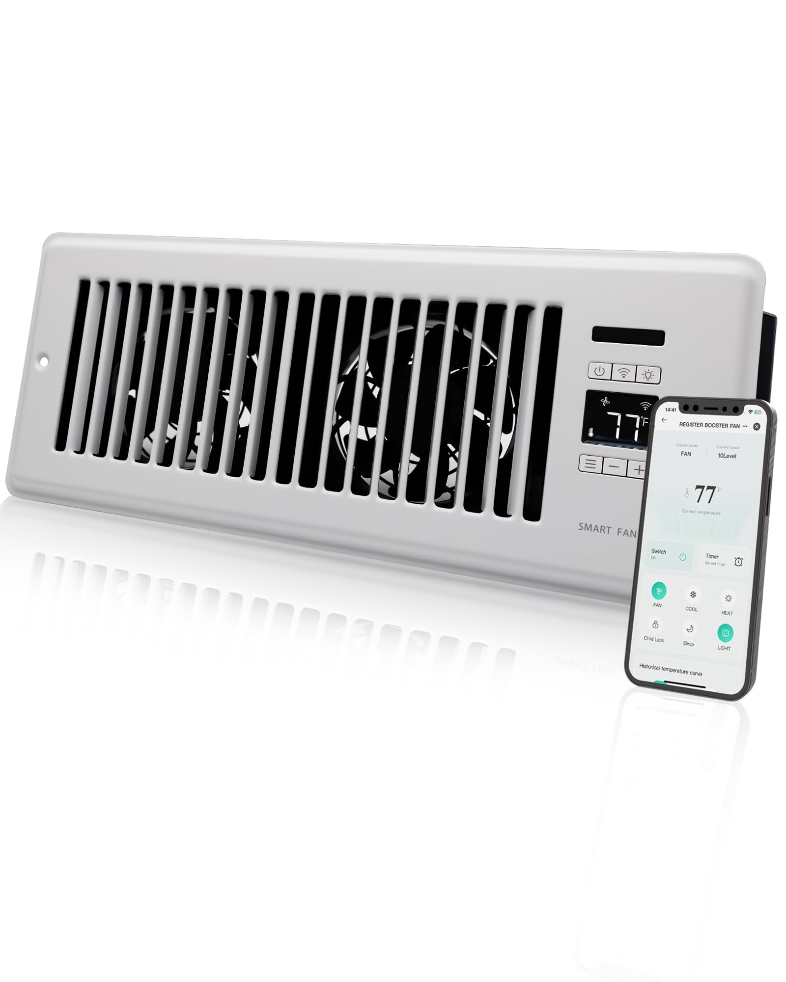 Super Quiet Register Booster Fan for 4" x 12" Register Holes, Smart Vent with Dual Intelligent Thermostat and WIFI App Control, Heating Cooling AC Vent Fan (White)